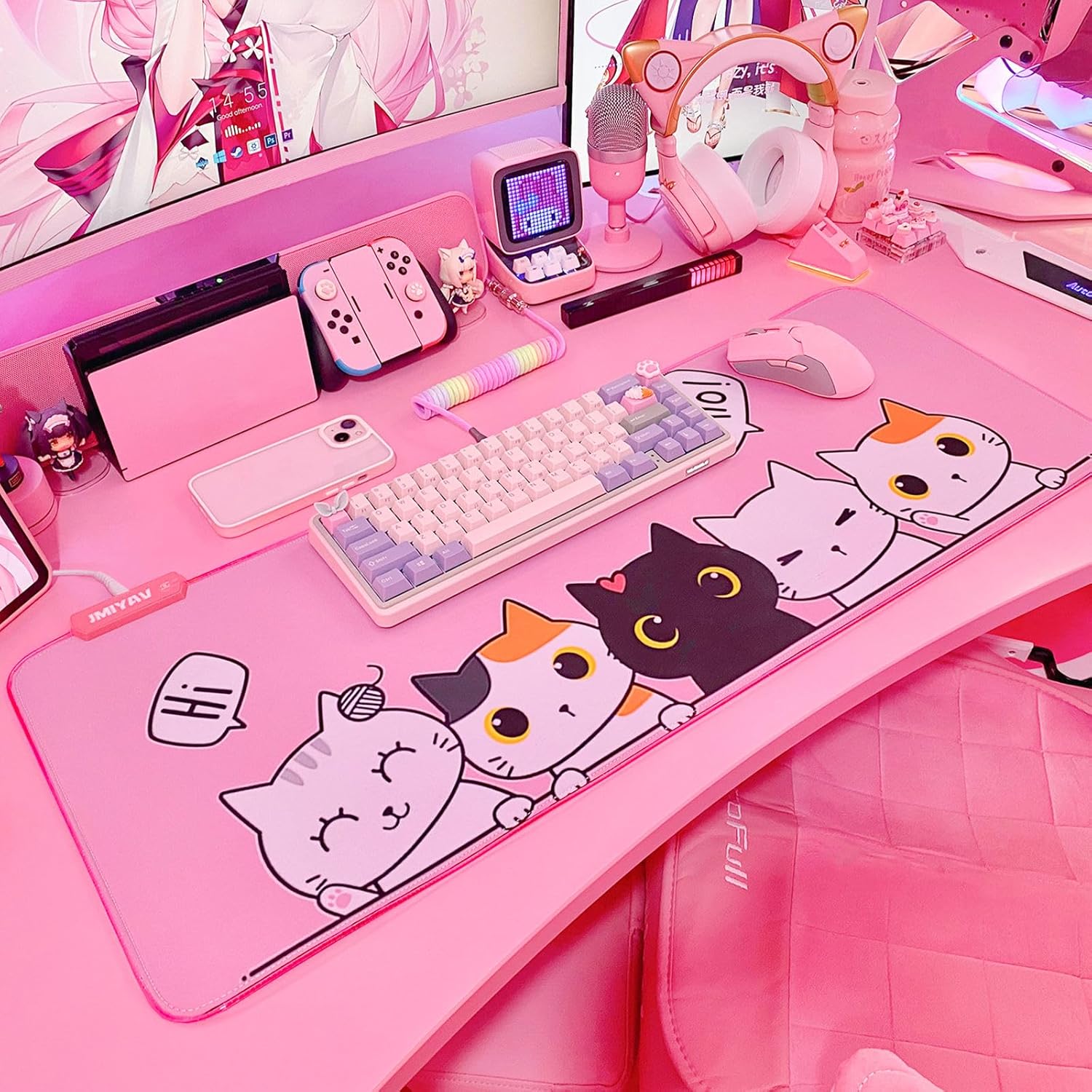 JMIYAV Kawaii Cat RGB Gaming Mouse Pad PC XL Large Extended Glowing Led Light Up Desk Pad Non-Slip Rubber Base Computer Keyboard and Mouse Pad Cool Cute Mousepad Mat 80 * 30cm - Image 2