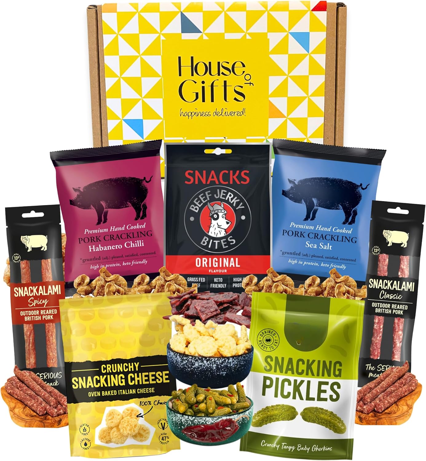 Savoury Snacks Hamper Gift Set with Pork Crackling, Beef Jerky, Cheese Bites, Salami & Pickles – Pub Treats Box & Snack Gifts for Her, Ideal Dad Treat Box or Fathers Day Present for Him