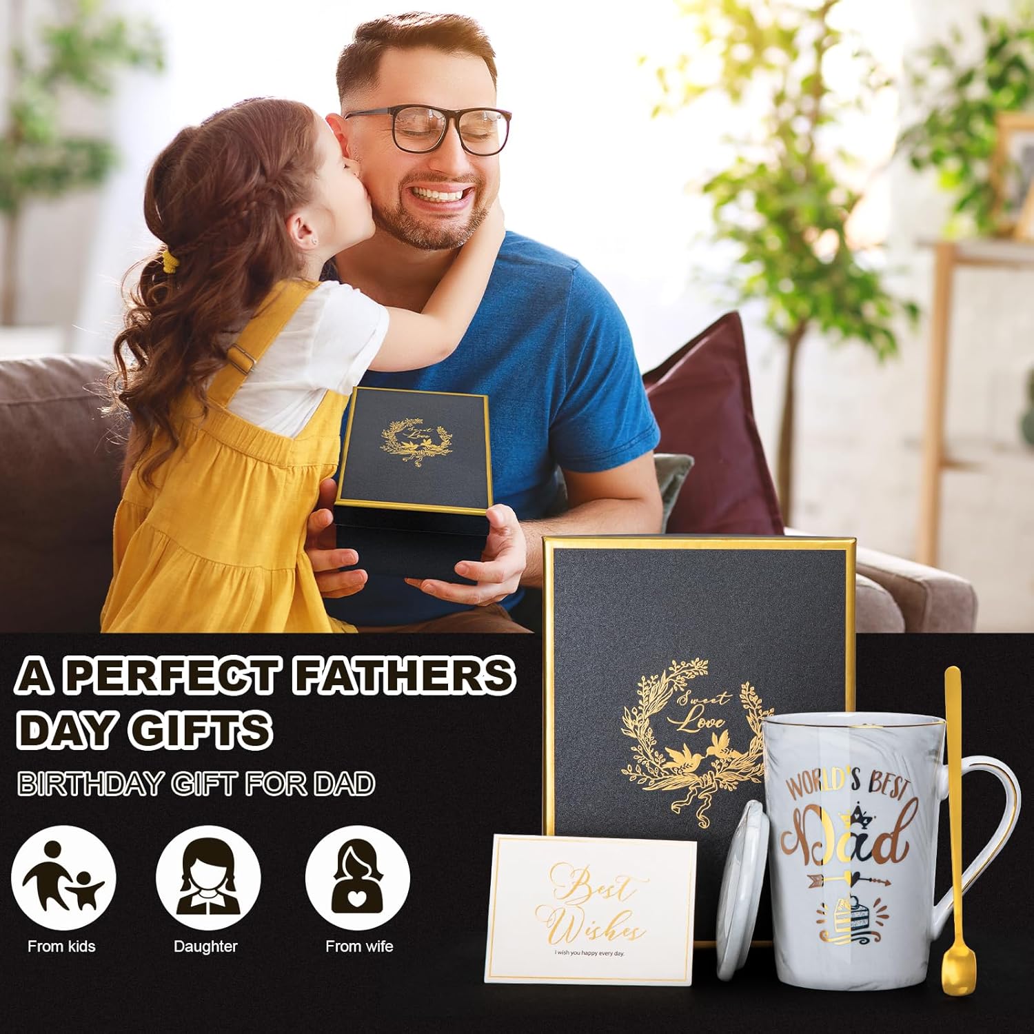 Birthday Gifts for Dad from Daughter Son - World's Best Dad - Daddy Mug with Gold Print, Funny Fathers Day Presents, 14Oz Grey Ceramic Gold Print Coffee Cup, Lid Spoon Greeting Card, Nice Gift Boxed - Image 6