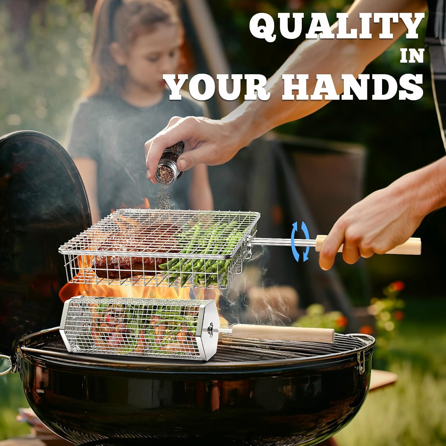 Grill Basket Set (Rectangular+Hexagon), Removable Wooden Handle, 304 Stainless Steel, Rolling Grilling Net, BBQ Accessories Tools for Vegetables Shrimp, Outdoor Cooking Camping, Birthday Gifts - Image 3
