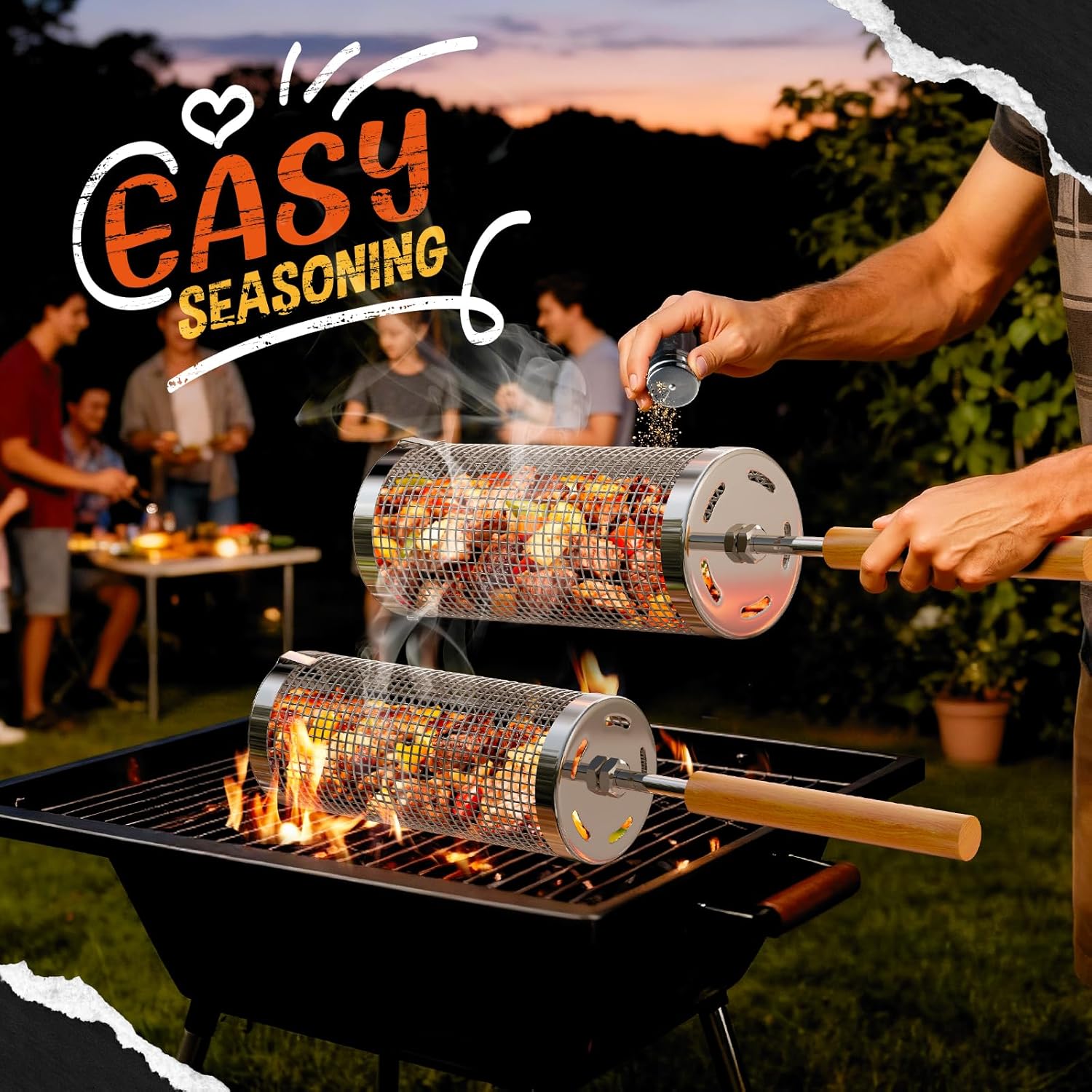 Rolling Grill Basket, 2 PCS, Upgraded 304 Stainless Steel, Nesting Grilling Net, Removable Wooden Handle, BBQ Accessories Tools for Veg, Prawns & Meat, Camping, Outdoor Cooking, Gifts for Dad or Men - Image 6