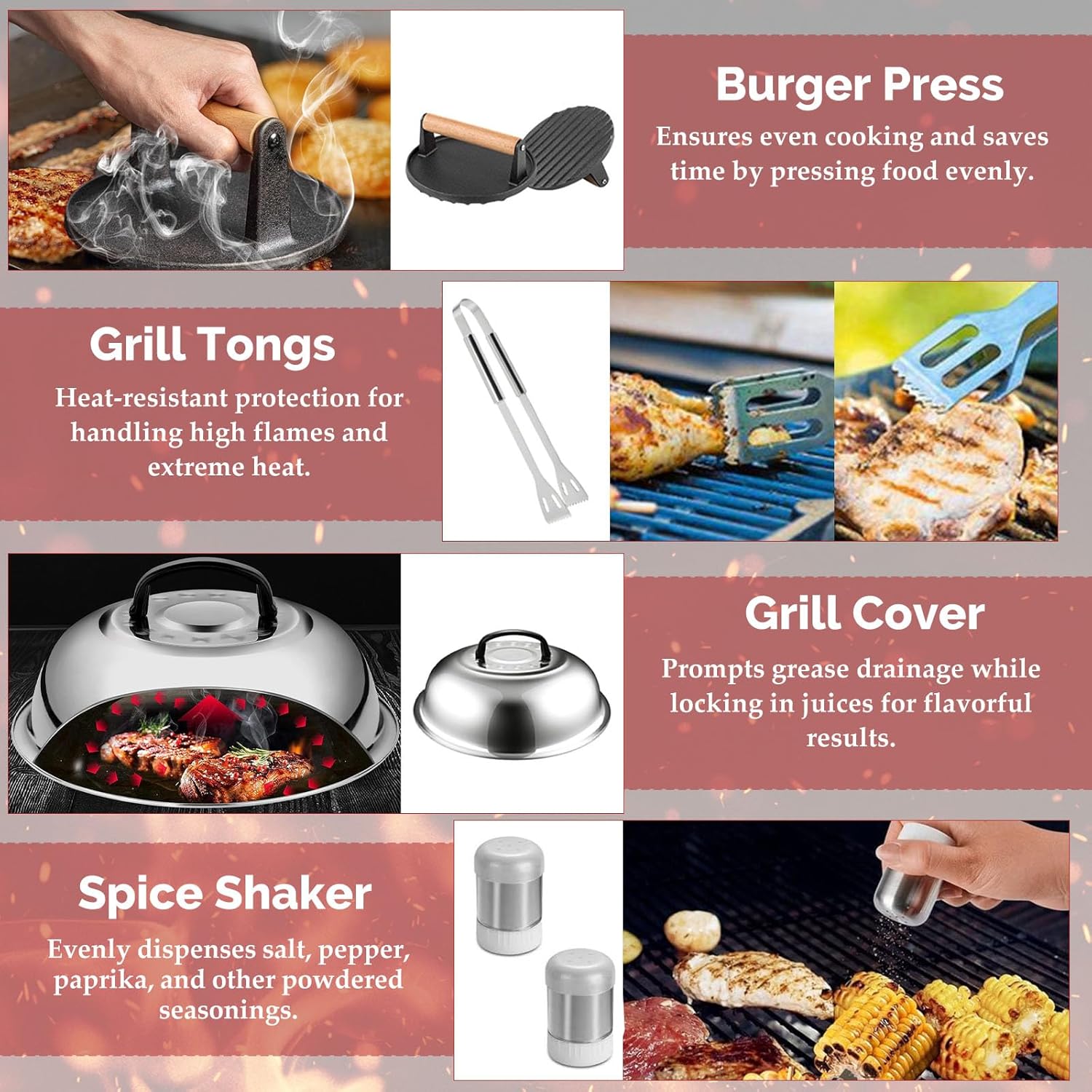 26PCS Griddle Accessories Kit, Stainless Steel Griddle Accessories for Blackstone & Flat Top Grill, Includes Spatula, Tongs, Burger Press, Basting Cover – Outdoor Cooking Gift for Men Dad - Image 5
