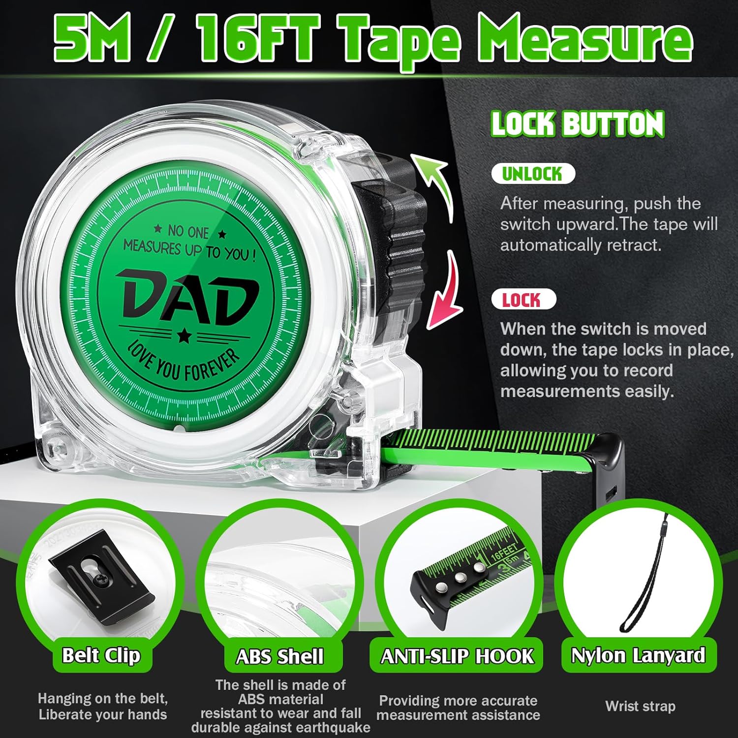 Gifts for Fathers Day Dad Gifts, Personalised Christmas Birthday Anniversary Presents for Dad from Daughter, Son Tape Measure(5M/16FT-Clear) - Image 3