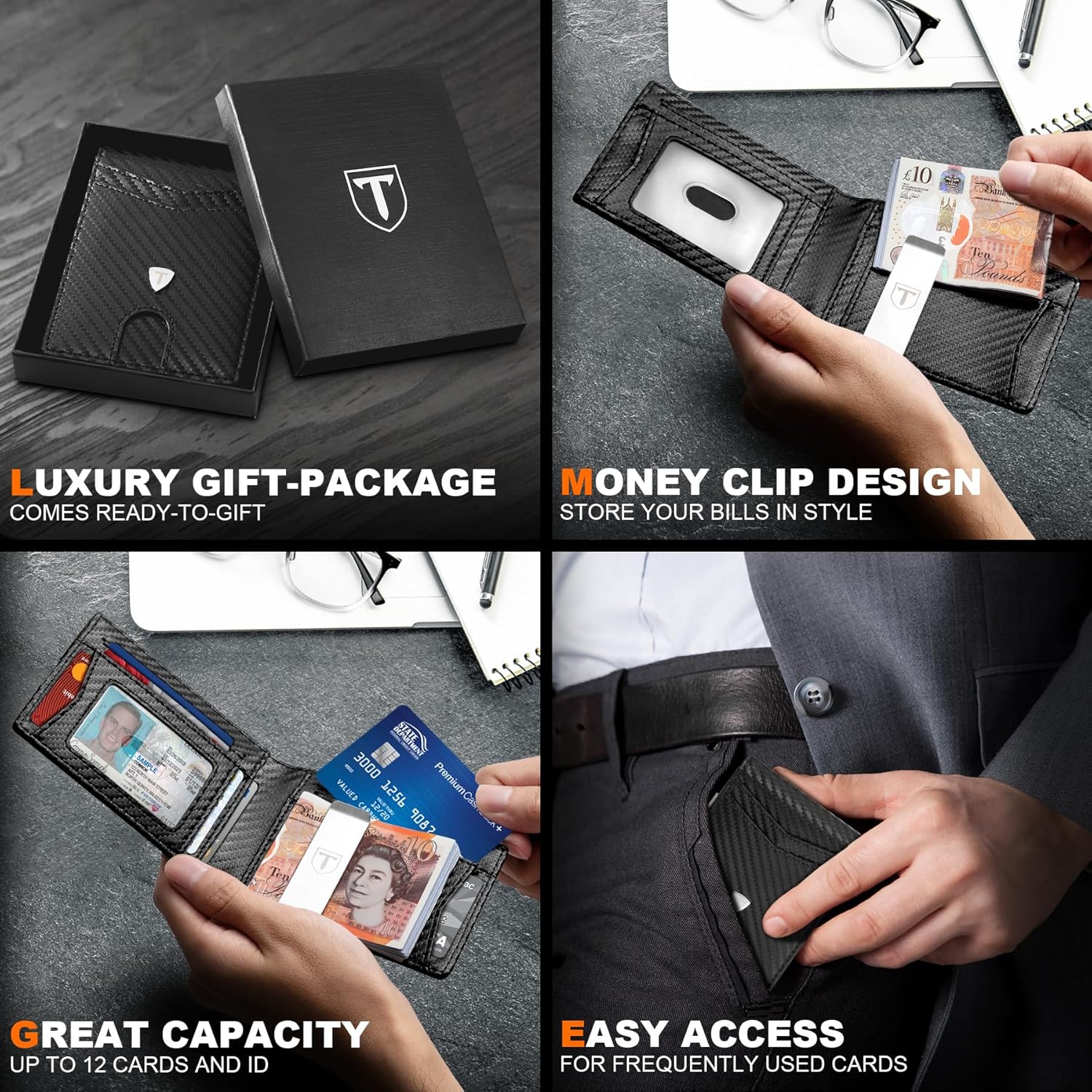 Mens Wallets Slim RFID Blocking Carbon Fiber Wallet with up to 12 Credit Card Holder, Strong Money Clip & ID Window Minimalist Bi-Fold Wallets for Men UK with Gift Box - Black - Image 5
