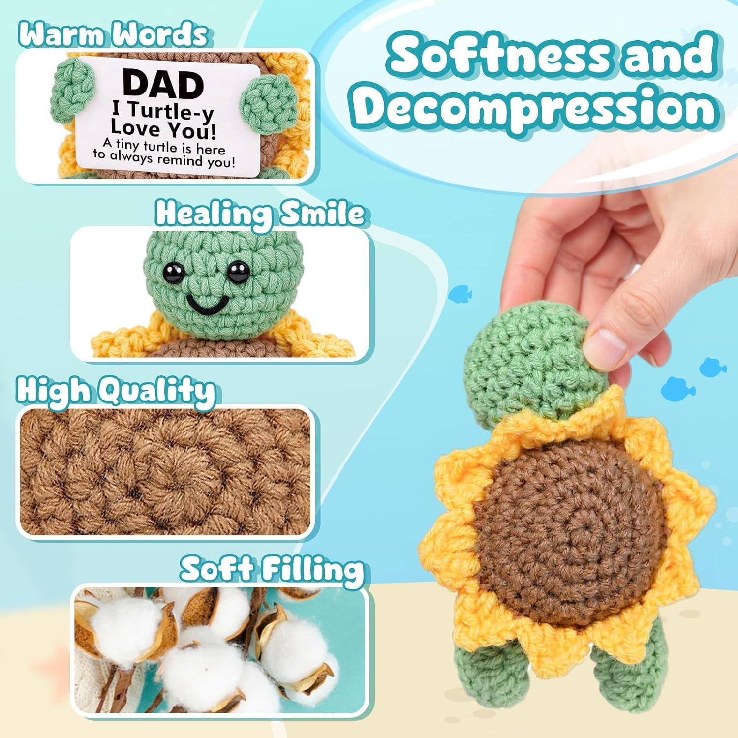 Gifts for Dad, Dad Birthday Gift - Positive Handmade Crochet Sunflower Turtle Decor - Presents for Dad's birthday, Christmas, Fathers Day - 2.8x2x3.9 inches - Image 2