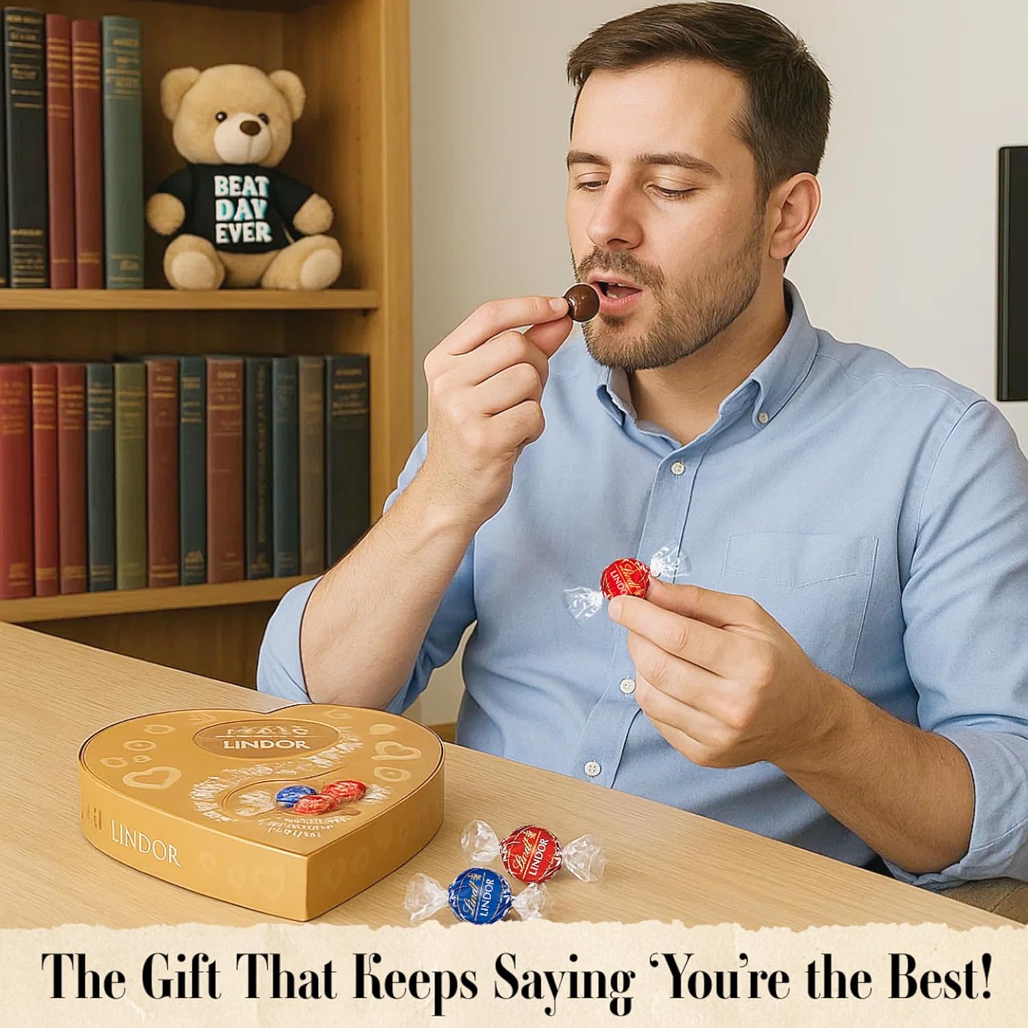 Lindt Chocolates & Teddy Bear for Mens Gifts - Assorted Chocolate Golden Heart Shaped Box with Truffles 200g & Best Dad Ever Soft Teddy for Fathers Day, Christmas, Birthday Gifts for Dad, Men - Image 6