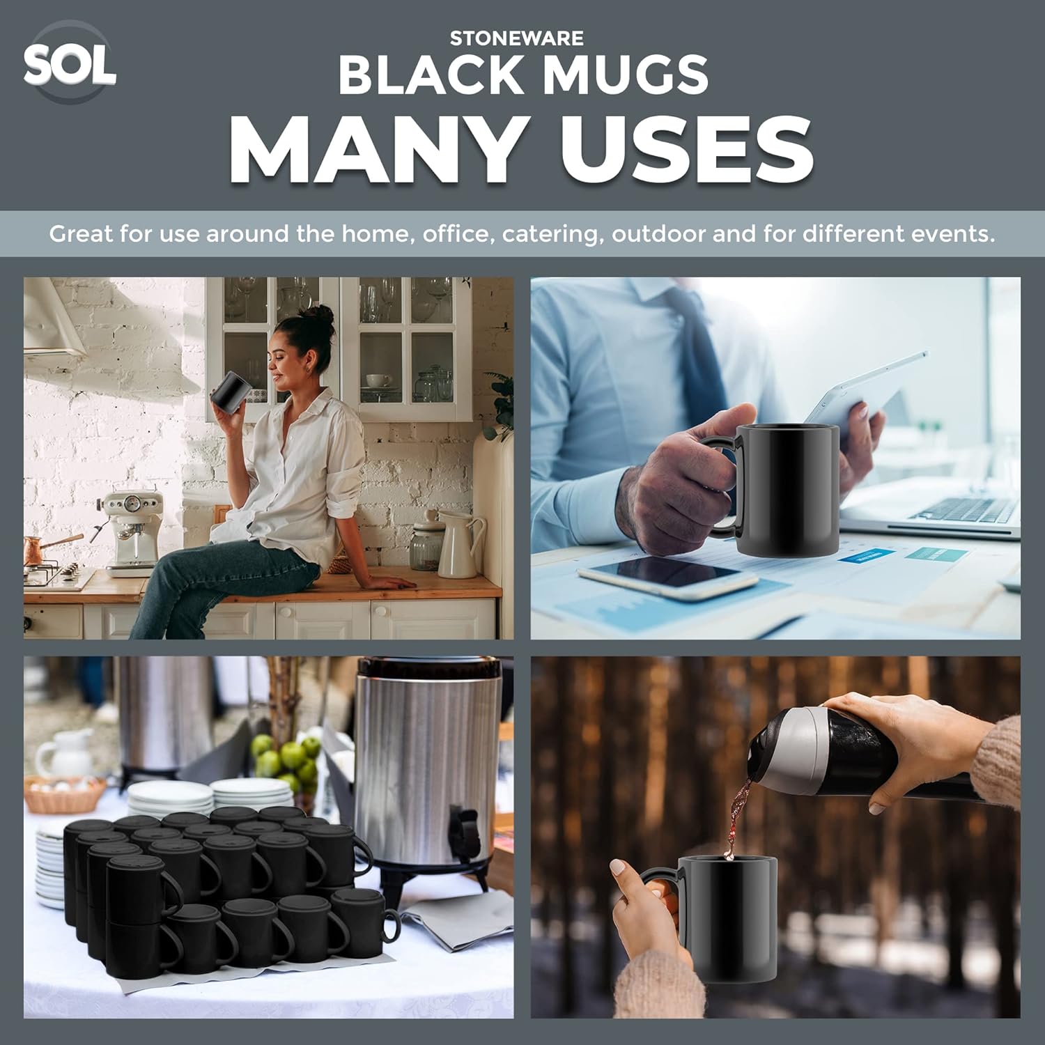 SOL 12pk Stoneware Black Mugs 11oz Ceramic Cups for Tea and Coffee Durable Drinkware Set for Home Office Café Restaurant Stackable Design Microwave and Dishwasher Safe Suitable for Hot Beverages - Image 4