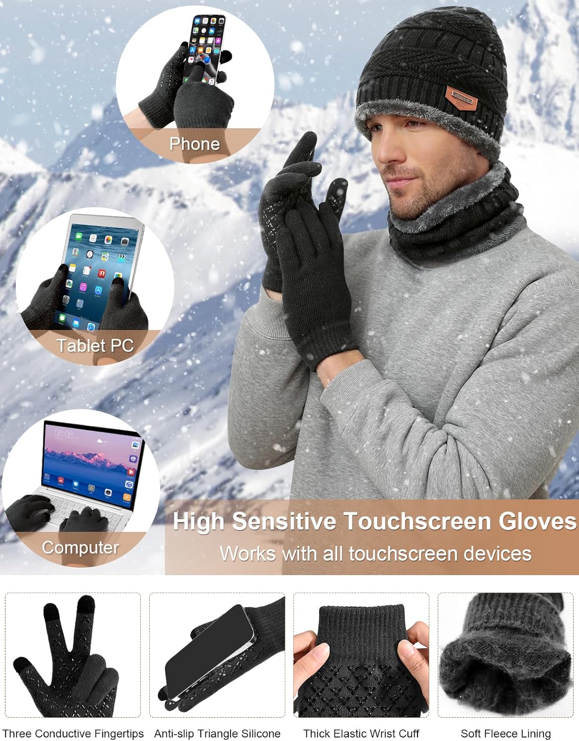 heekpek Mens Hat Scarf Glovers Set Unisex 5PCS Winter Set in Gift Box Fleece Lining Knitted Beanie Hat Earmuffs Neck Warmer Knit Gloves Thermal Socks Gift Set for Skiing Hiking Driving - Image 3