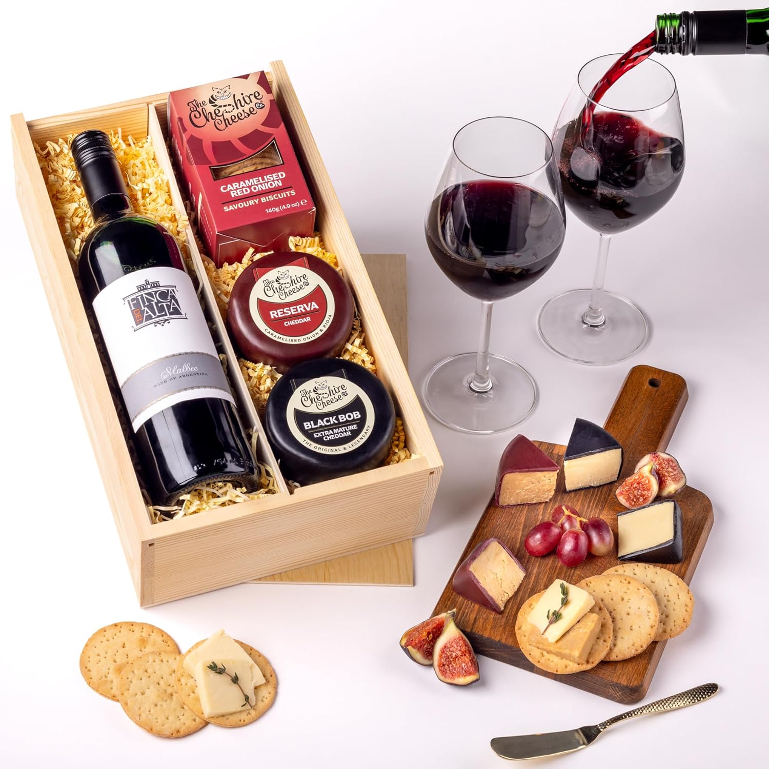 Cheshire Cheese Company | Duo of Cheese and Wine Gift Set – The Perfect Night In | Award Winning 2 Cheeses, 1 Biscuits & Red Wine Gift Set in Presentation Box | Luxury Food Hamper for Birthdays & more