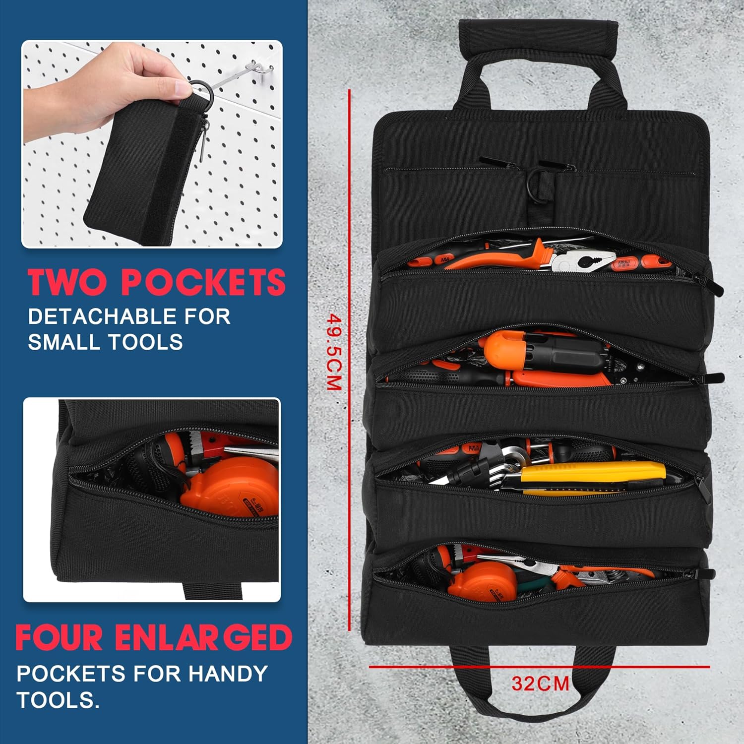 Tool Bag, Roll Up Small Tools Box Storage, Tool Gifts for Men Dad Husband Boyfriend Grandpa, Presents for Fathers Day Birthday,Heavy Duty Tool Organizer with 2 Detachable Tool Pouch - Image 3
