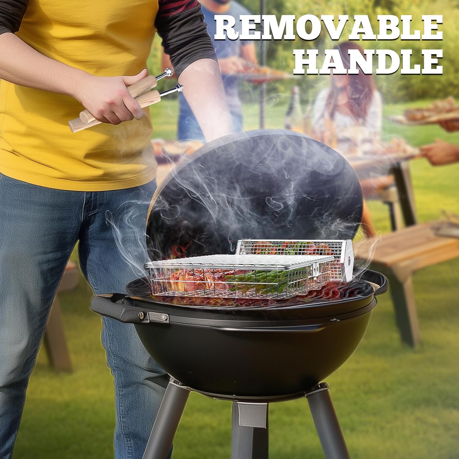 Grill Basket Set (Rectangular+Hexagon), Removable Wooden Handle, 304 Stainless Steel, Rolling Grilling Net, BBQ Accessories Tools for Vegetables Shrimp, Outdoor Cooking Camping, Birthday Gifts - Image 5