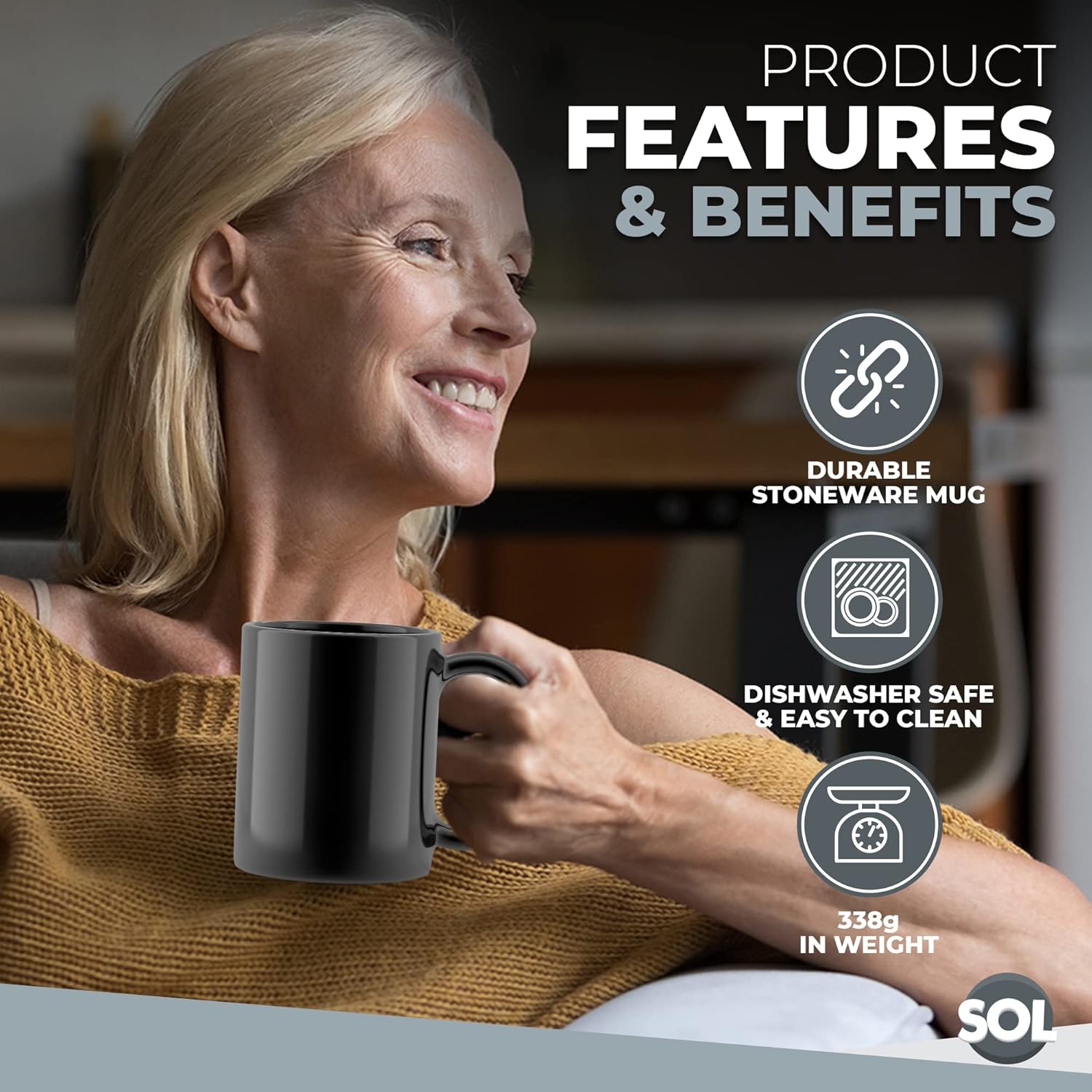 SOL 12pk Stoneware Black Mugs 11oz Ceramic Cups for Tea and Coffee Durable Drinkware Set for Home Office Café Restaurant Stackable Design Microwave and Dishwasher Safe Suitable for Hot Beverages - Image 6