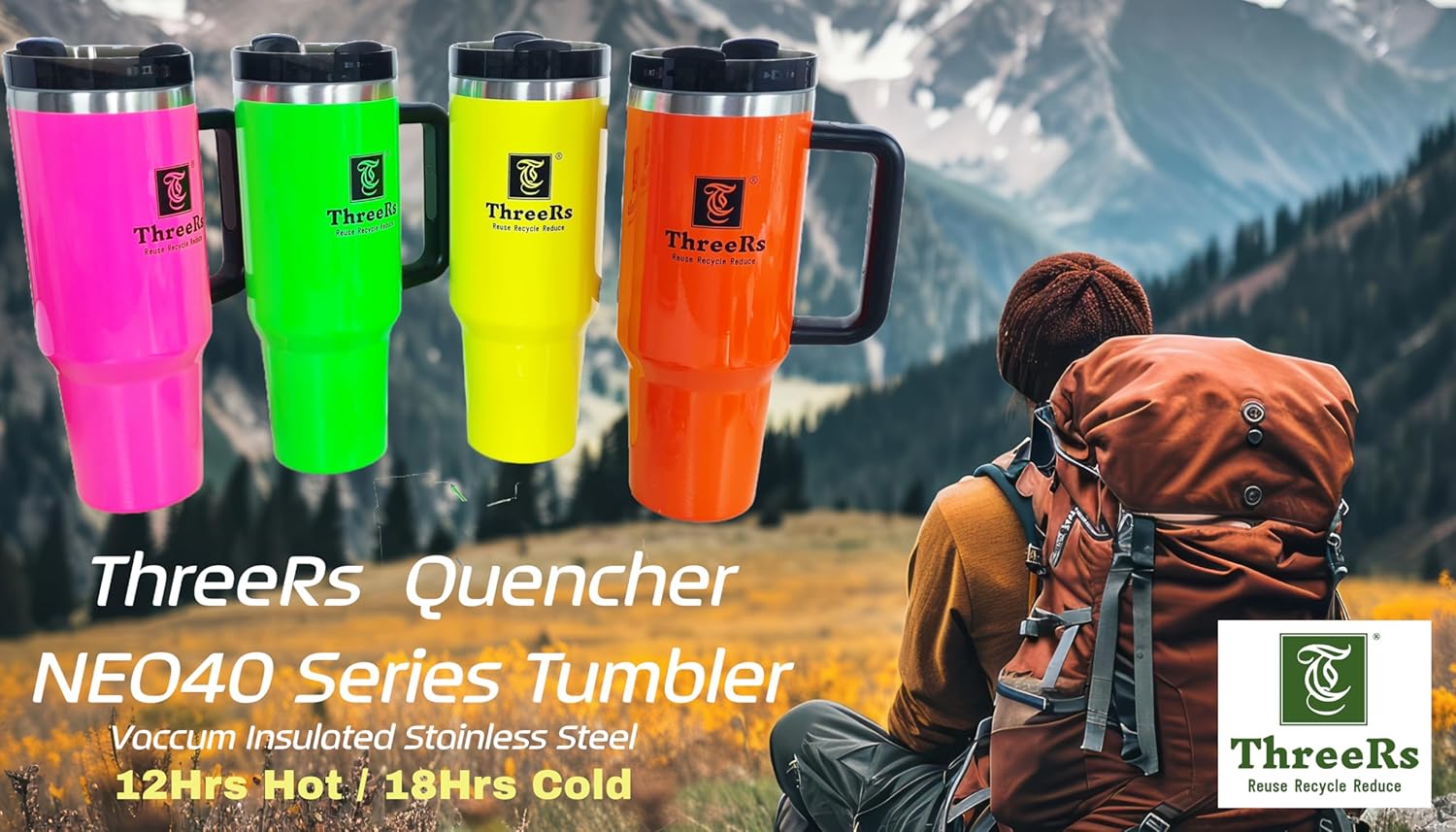 ThreeRs Quencher Travel Tumbler with Handle Straws Insulated Coffee Cup Telescopic Metal Straw, 2 Lids, Summer Water Bottle, Mug for Hot - Cold Drinks 40oz/1180ml Neon Colour (Pink) - Image 4