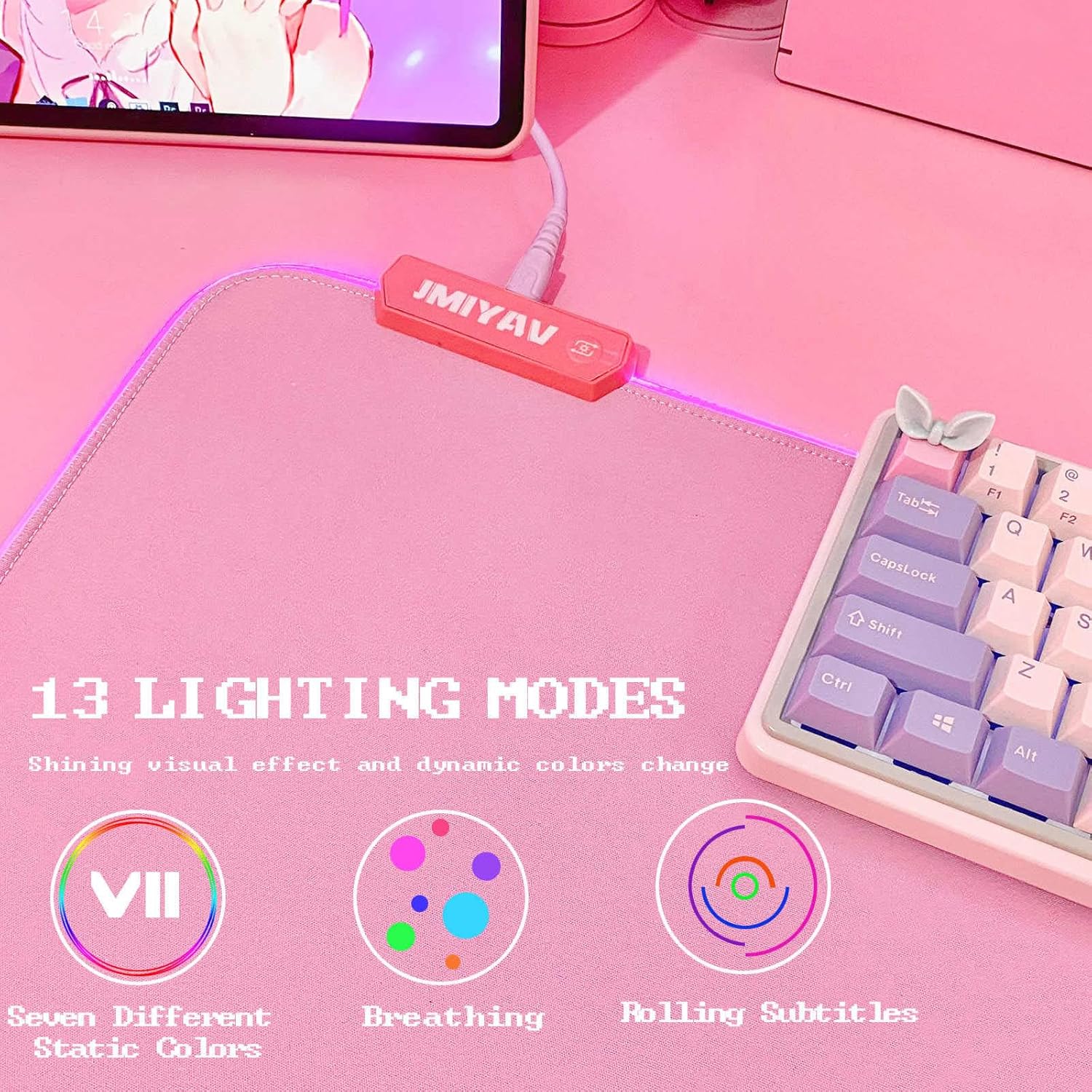 JMIYAV Pink RGB Gaming Mouse Pad PC XL Large Extended Glowing Led Light Up Desk Pad Mouse Mat Non-Slip Rubber Base Computer Big Cute Mousepad Mat Optimized for Gamer 80 * 30cm - Image 3