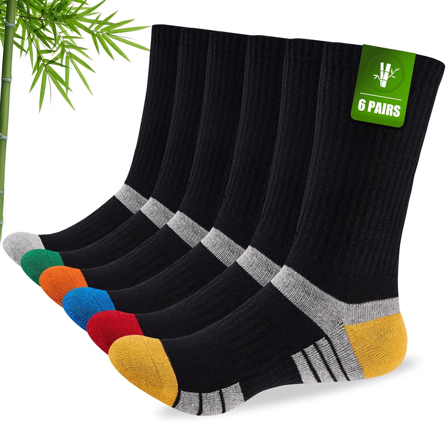 Mens Bamboo Socks, Wicking Breathable Cushioned Sports Socks for Hiking Walking Athletics Working Running Trekking Cycling, Men Women, Outdoor Anti Blister Crew Seamless Sock Gifts 6 Pairs