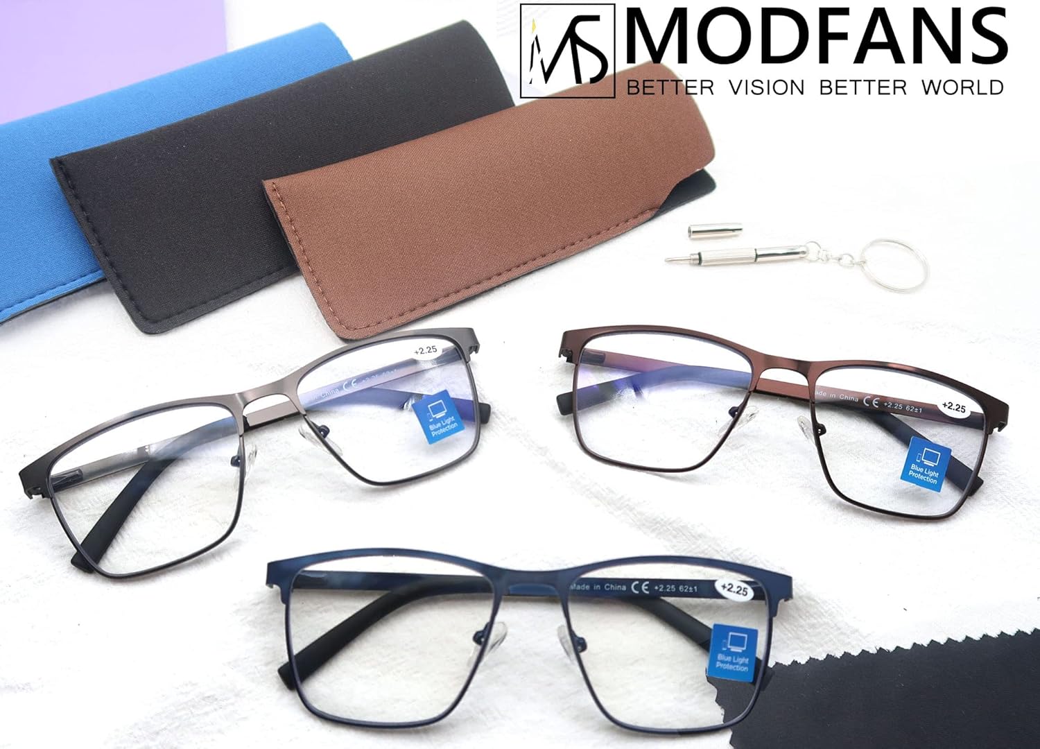 MODFANS 3-Pack Reading Glasses Men Blue Light Blocking Metal Frame Rectangle Style Stainless Steel Material Spring Hinges Includes Computer Readers - Image 6