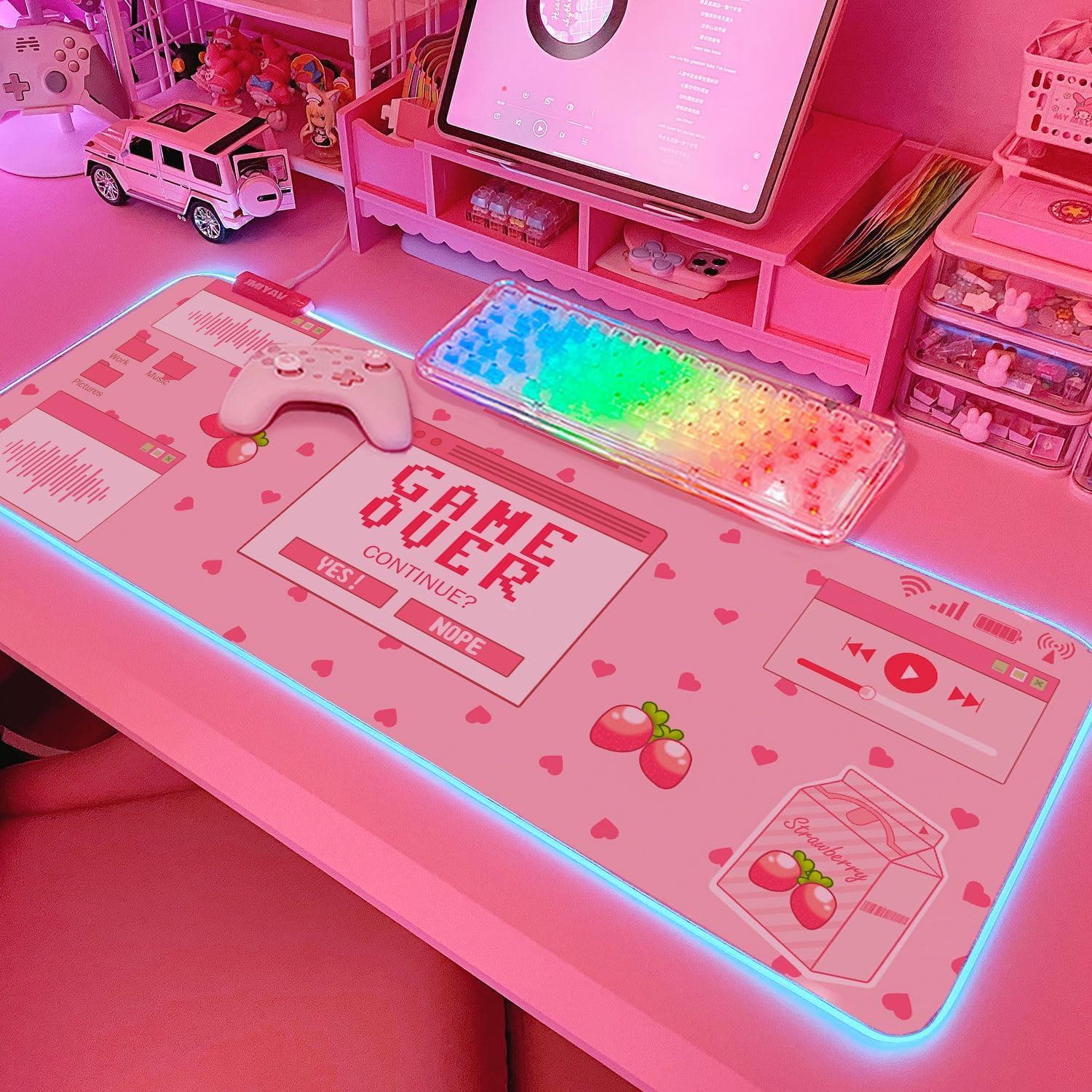 JMIYAV Kawaii RGB Gaming Mouse Pad PC XL Large Extended Glowing Led Light Up Desk Pad Non-Slip Rubber Base Computer Keyboard and Mouse Pad Cool Cute Mousepad Mat Gaming Over 80 * 30cm