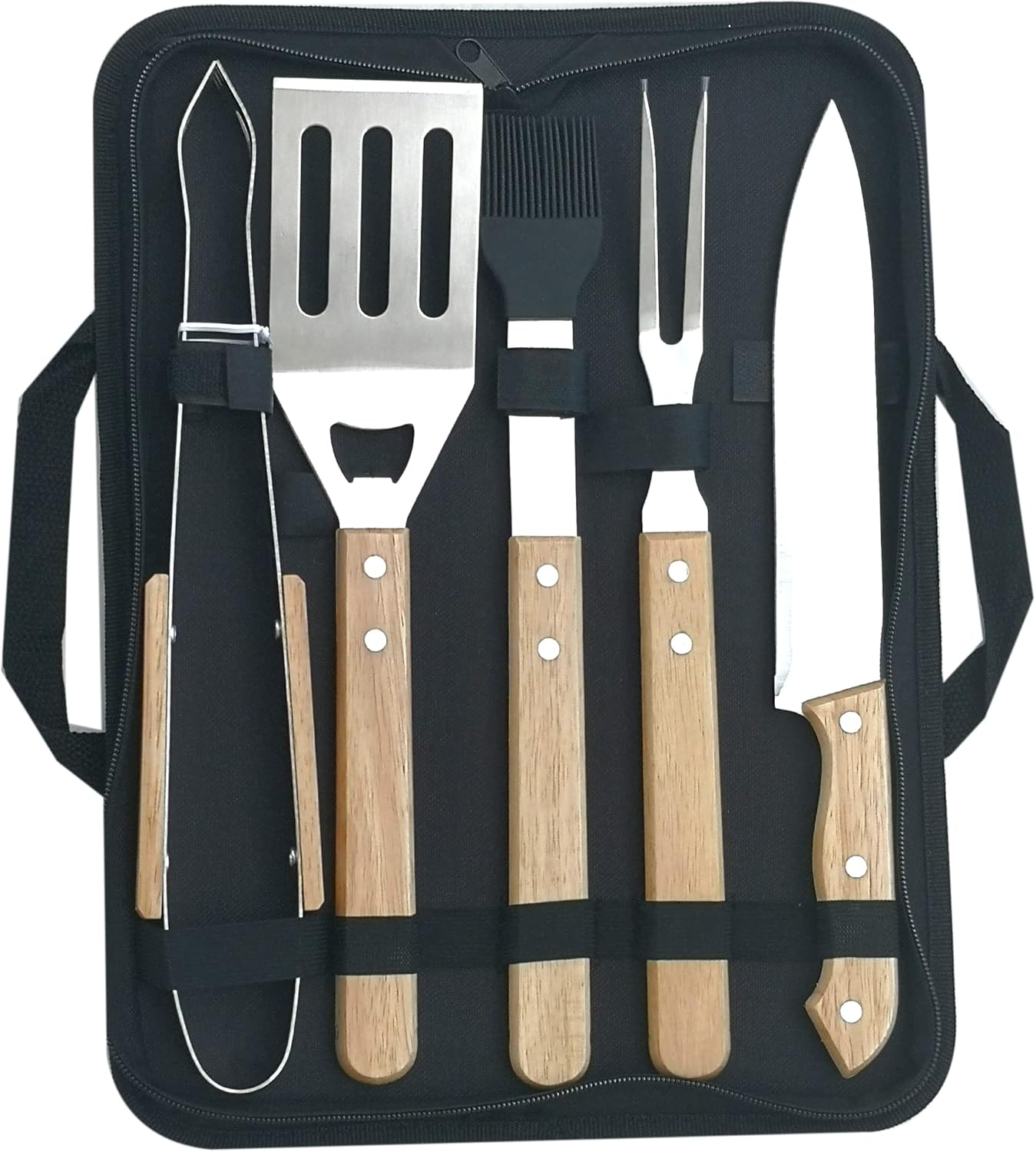 BBQ Barbecue Tool Set,5PC Wooden Handle Stainless Steel BBQ Accessories with Portable Bag, Ideal Outdoor Barbecue Grill Utensils Set, BBQ Grilling Tools Set BBQ Gift for Men Christmas Birthday
