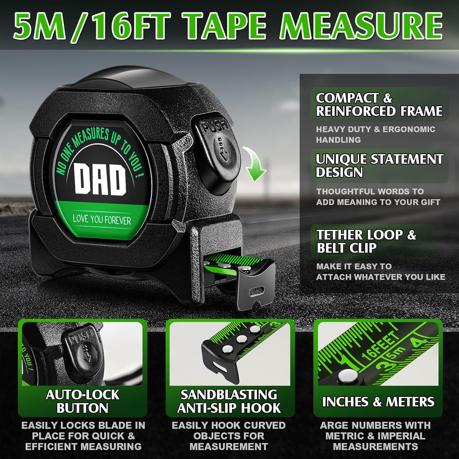 Gifts for Fathers Day Dad Gifts, Personalised Christmas Birthday Anniversary Presents for Dad from Daughter, Son Tape Measure(5M/16FT-Black) - Image 3