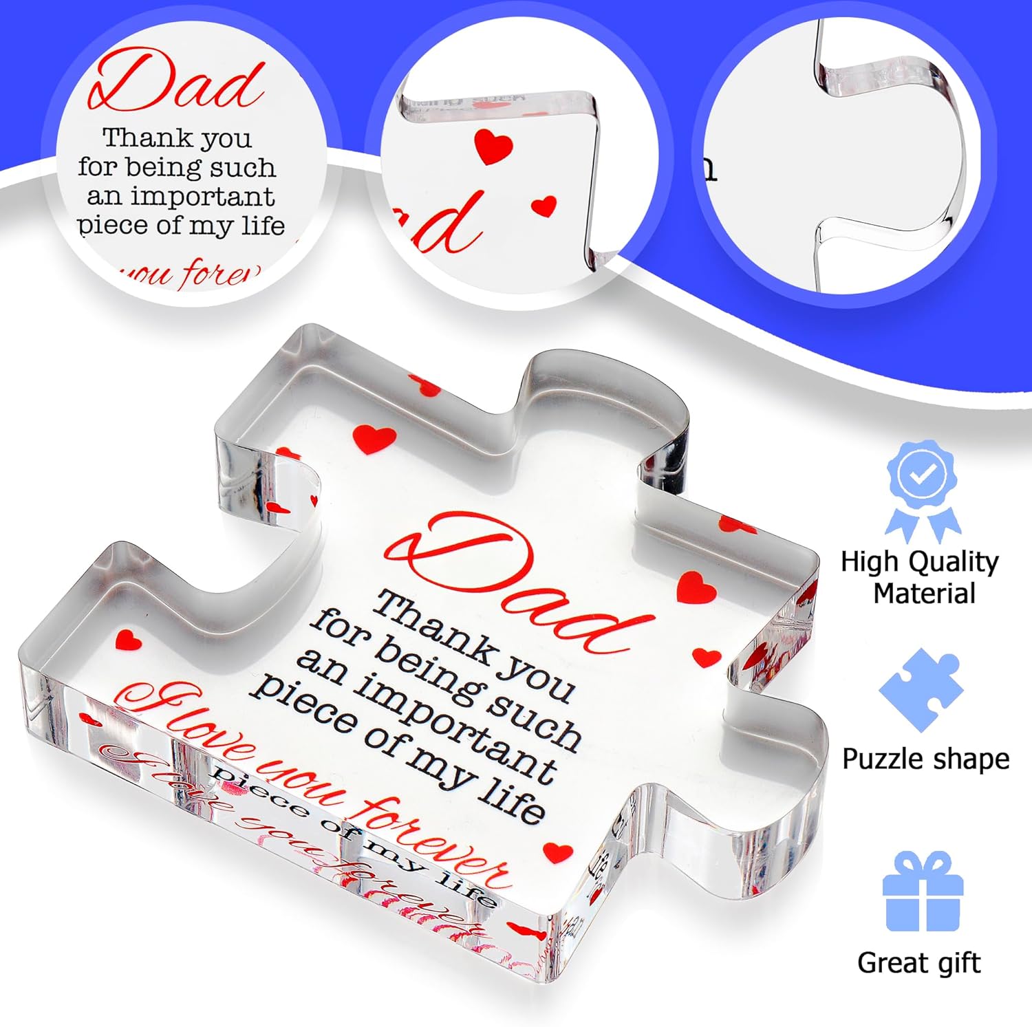 Fathers Day Gifts from Daughter, Son - Engraved Acrylic Block Puzzle Fathers Day Present 3.35 x 2.76 inch - Cool Dad Presents from Daughter, Son, Mom - Heartwarming Men Birthday Gift, Ideas - Image 2