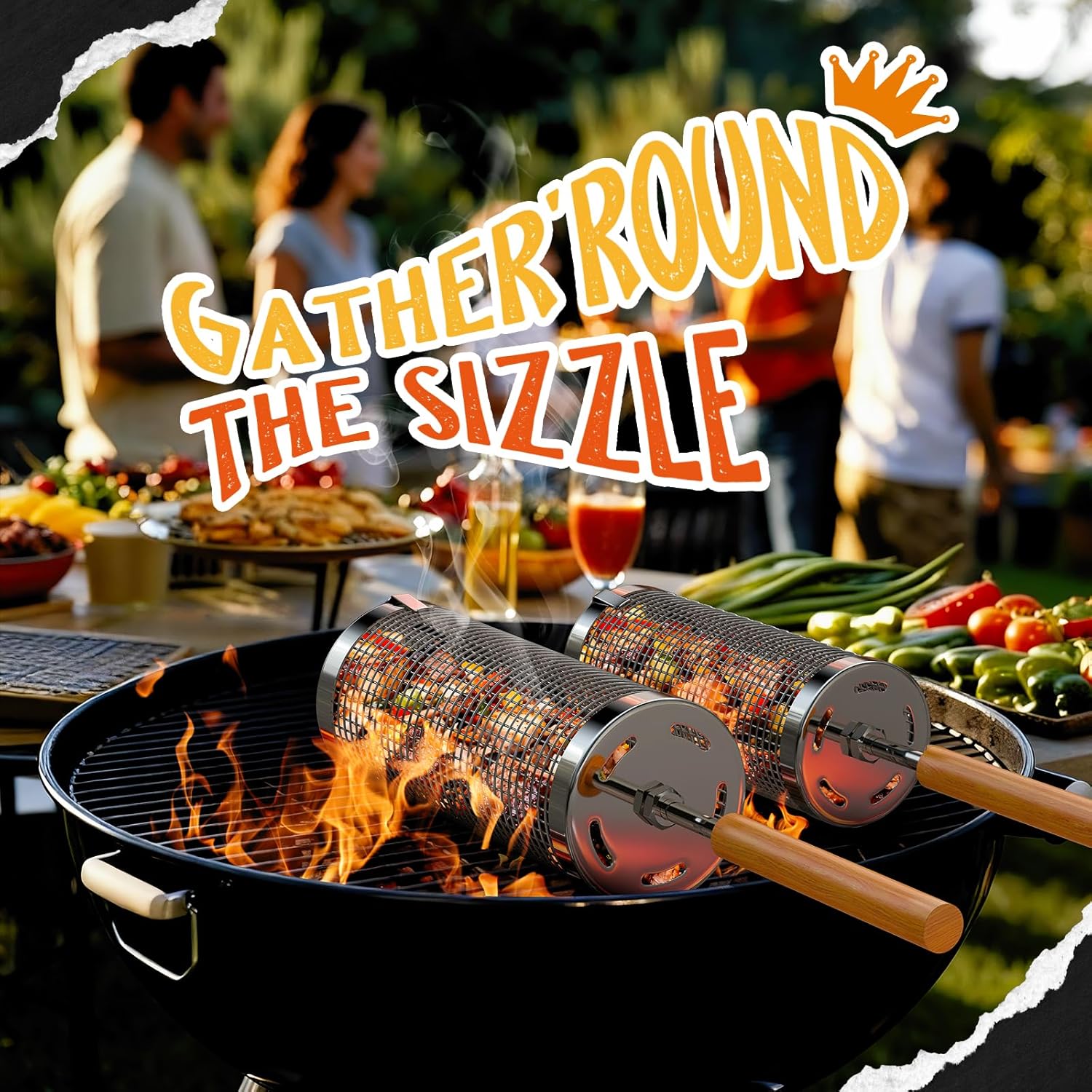 Rolling Grill Basket, 2 PCS, Upgraded 304 Stainless Steel, Nesting Grilling Net, Removable Wooden Handle, BBQ Accessories Tools for Veg, Prawns & Meat, Camping, Outdoor Cooking, Gifts for Dad or Men - Image 8