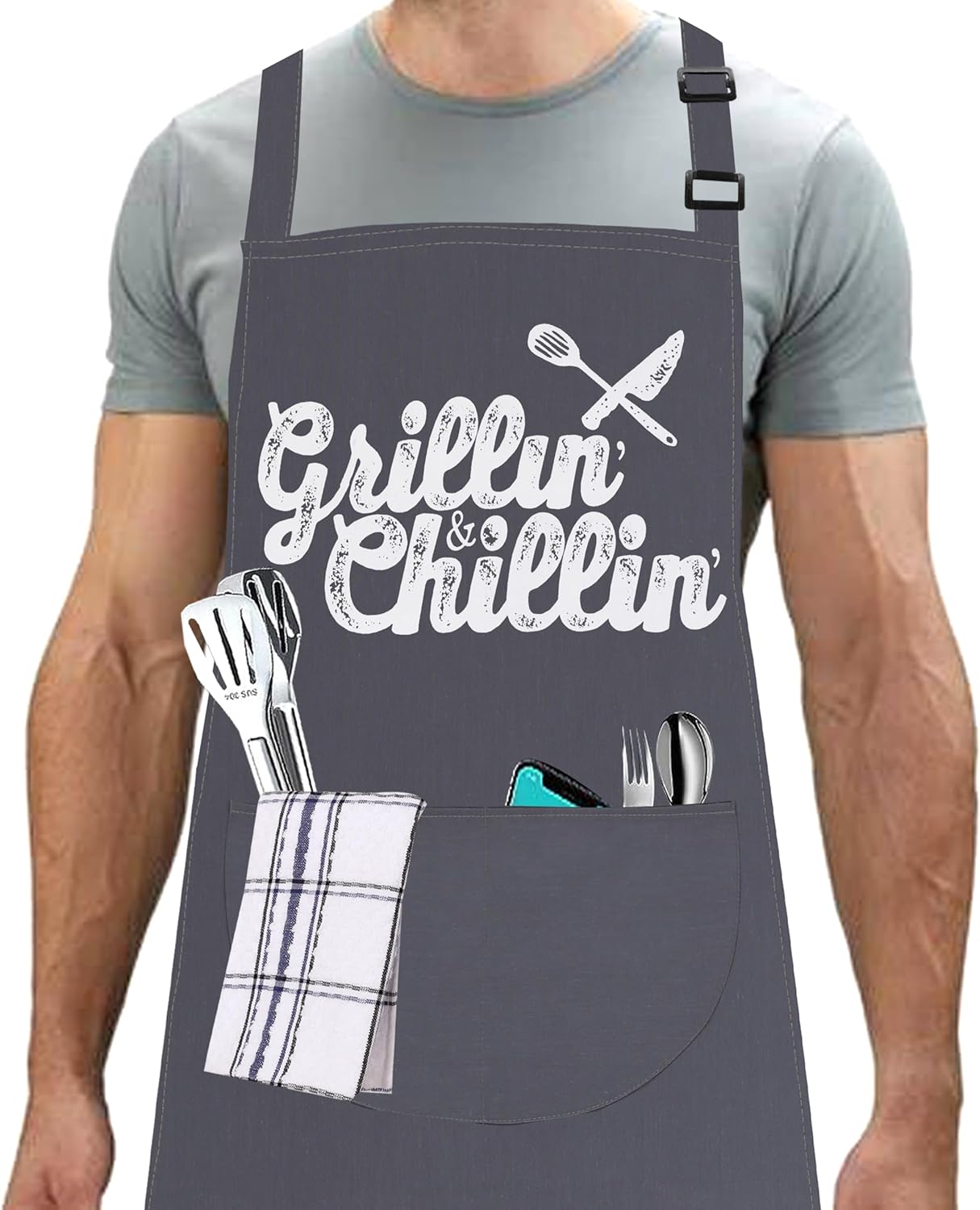 LINEN CLOSET® King of the Grill Apron for Men Funny Aprons Professional Bbq Aprons Kitchen Cooking Gift Apron with 2 Front Pockets Home Kitchen Garden Work Restaurant