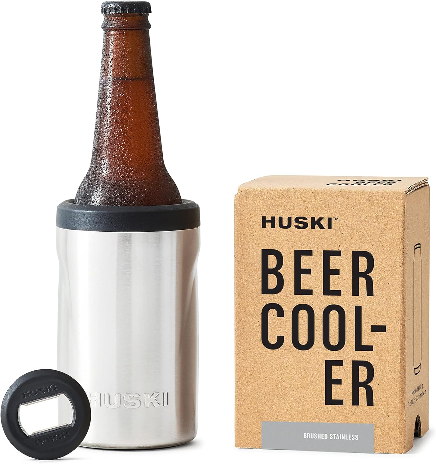 Huski Beer Cooler 2.0 | New | Premium Can and Bottle Holder | Triple Insulated Marine Grade Stainless Steel | Detachable 3-in-1 Opener | Works as a Tumbler | Best Gifts for Beer Lovers (Stainless)
