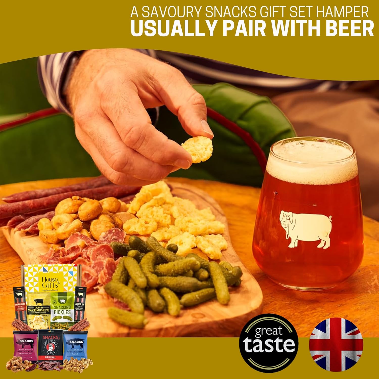 Savoury Snacks Hamper Gift Set with Pork Crackling, Beef Jerky, Cheese Bites, Salami & Pickles – Pub Treats Box & Snack Gifts for Her, Ideal Dad Treat Box or Fathers Day Present for Him - Image 7