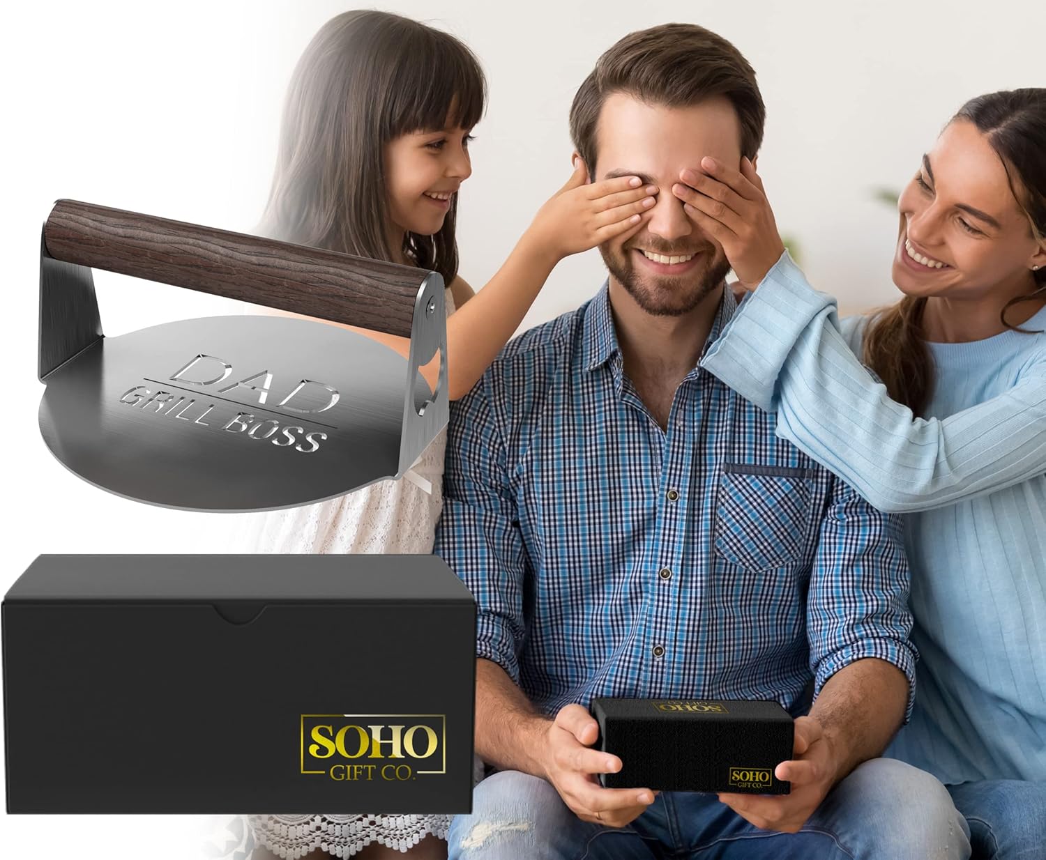 Soho Grilling Gift for Dad, Round BBQ Stainless Steel Burger Press for Smash Burger or Hamburger, BBQ Accessories Grill Press with Wood Handle for Christmas/Birthday “Dad Grill Boss” (Gift Boxed) - Image 4