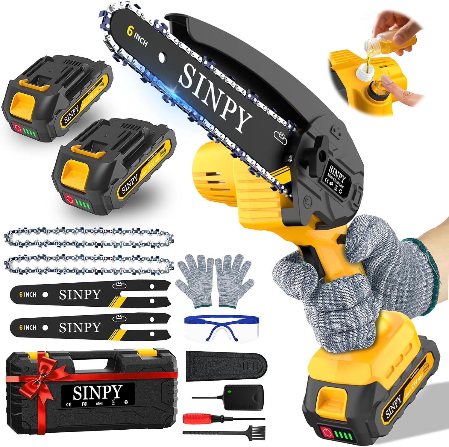 Mini Chainsaw Cordless, 6 Inch Electric Power Chain Saw with 2 Batteries & 2 Chains, Small Chainsaw with Safety Lock for Tree Trimming, Garden, Wood Cutting Gift for Men Dad Husband Fathers 2025