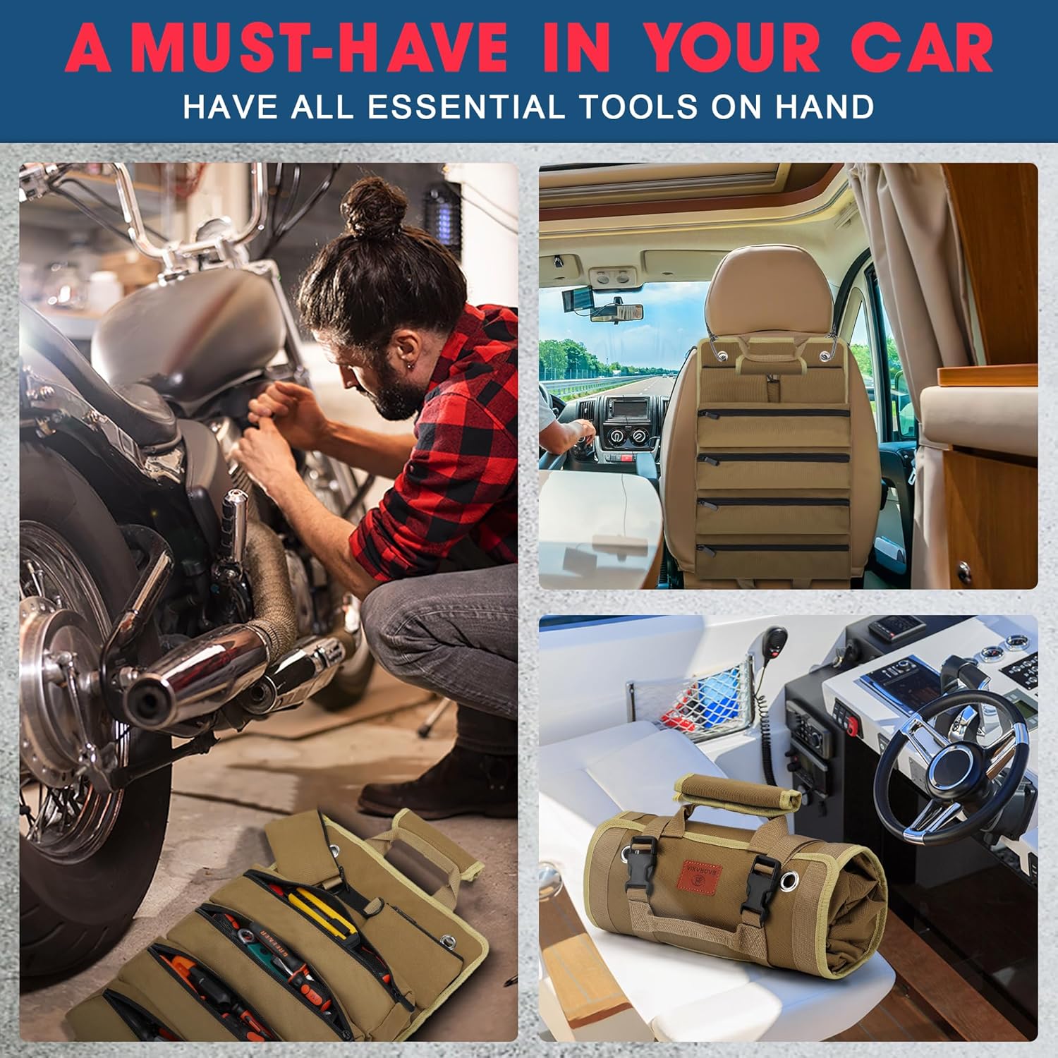 Tool Bag, Roll Up Small Tools Box Storage, Heavy Duty Tool Organizer with 2 Detachable Tool Pouch, Tool Gifts for Men Dad Husband Boyfriend Grandpa, Presents for Christmas Birthday (Khaki) - Image 4