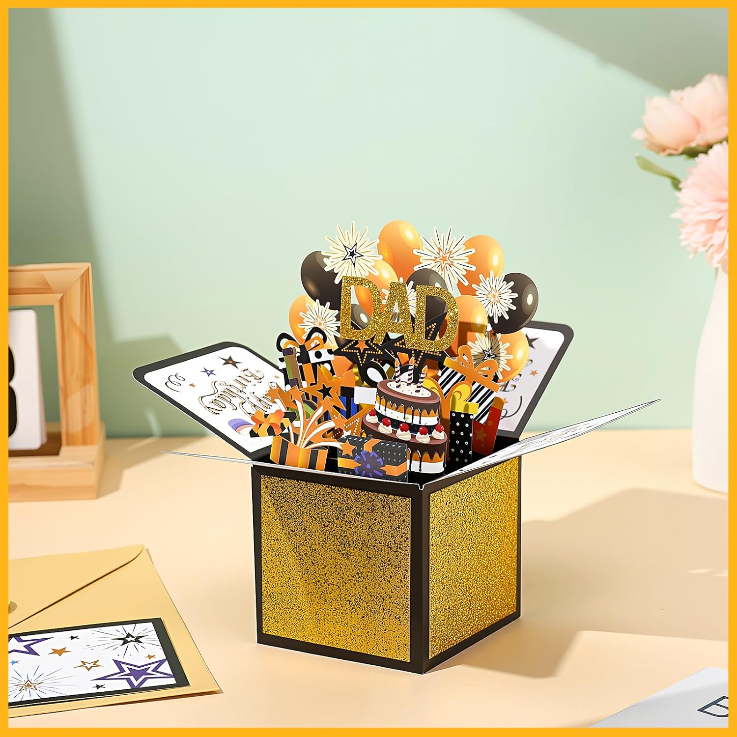 Happy Birthday Pop Up Card for Dad,3D Birthday Gift Box with Envelopes Colorful Balloon Fireworks Creative Gifts Ideas from Son Daughter for Male Dad Stepfather Godfather - Image 6