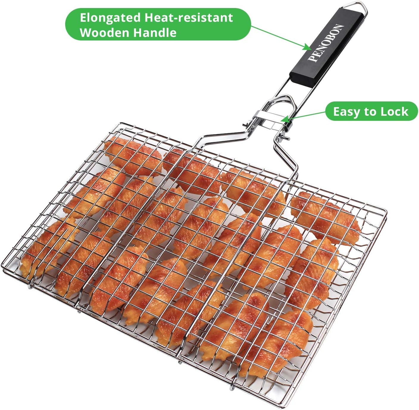 Fish Grilling Basket, Folding Portable Stainless Steel BBQ Grill Basket for Fish Vegetables Shrimp with Removable Handle, Come with Basting Brush and Storage Bag - Image 2