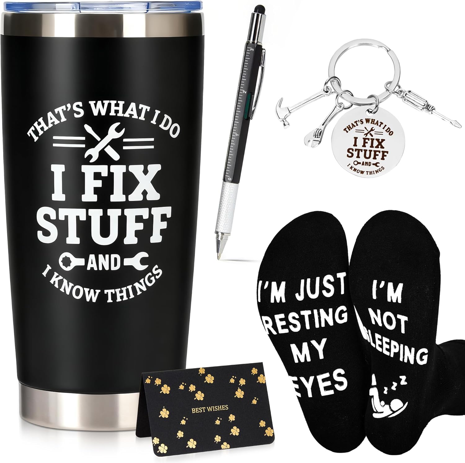 Unique Birthday Gifts for Men - Funny Stainless Steel Travel Tumbler, Multi-Tool Pen, Socks & Keychain Set – Perfect Presents for Dad, Husband, Grandpa, Mechanics & More