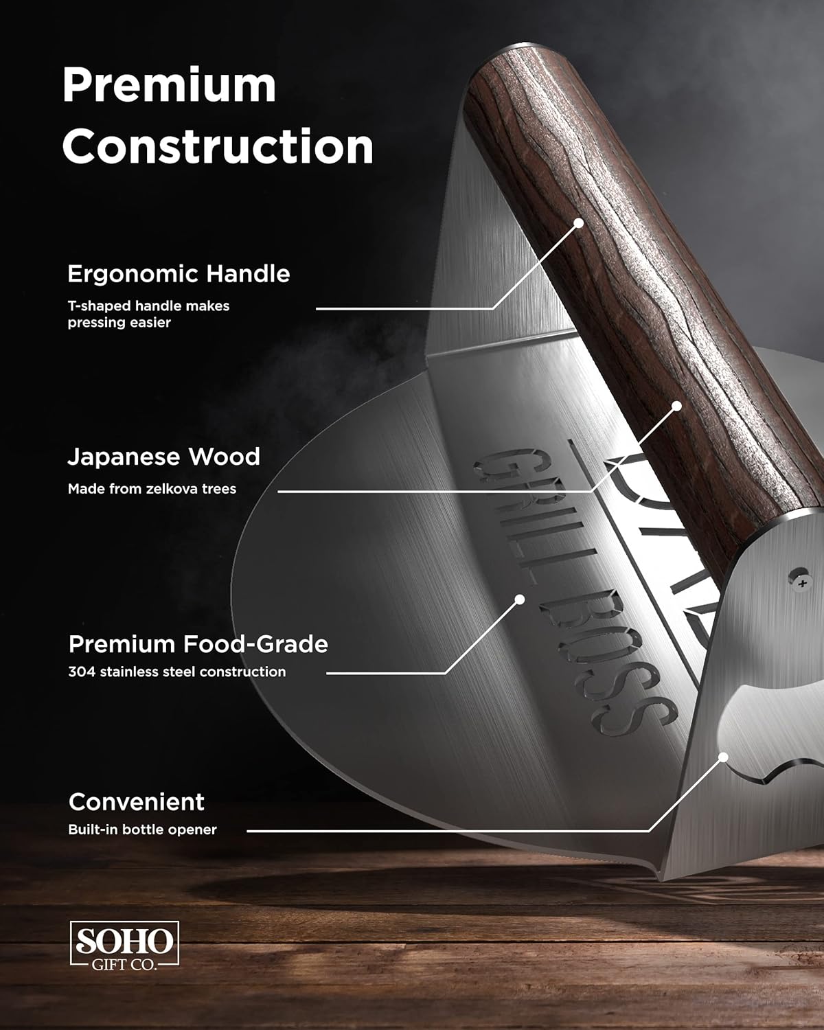 Soho Grilling Gift for Dad, Round BBQ Stainless Steel Burger Press for Smash Burger or Hamburger, BBQ Accessories Grill Press with Wood Handle for Christmas/Birthday “Dad Grill Boss” (Gift Boxed) - Image 2