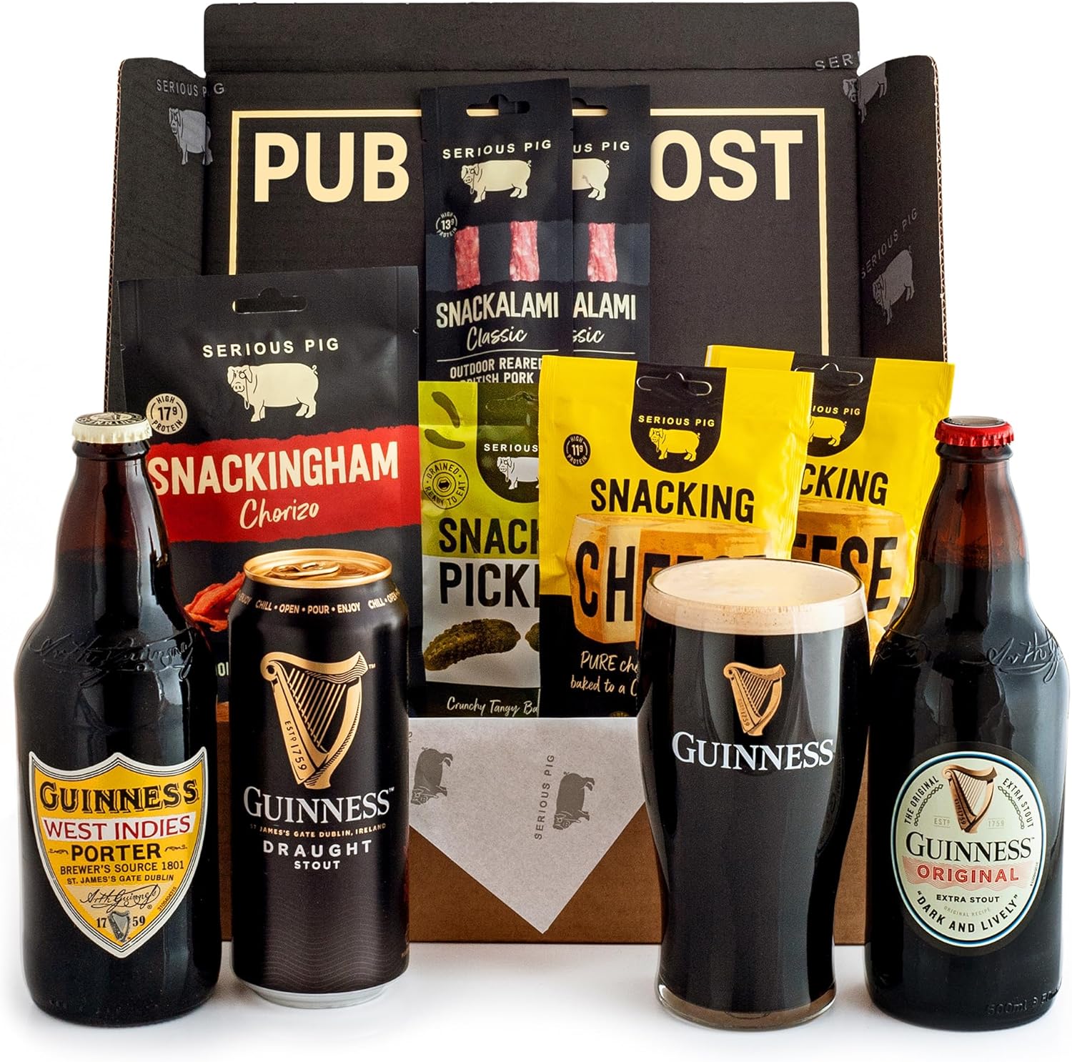 Serious Pig + Guinness Gift Set with Official Guinness Glass and Gourmet Pub Snacks (10 Pack)