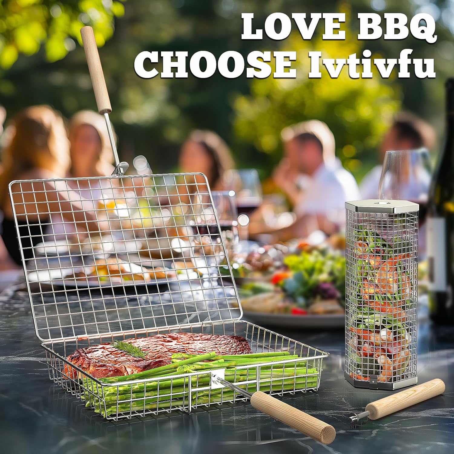 Grill Basket Set (Rectangular+Hexagon), Removable Wooden Handle, 304 Stainless Steel, Rolling Grilling Net, BBQ Accessories Tools for Vegetables Shrimp, Outdoor Cooking Camping, Birthday Gifts - Image 6