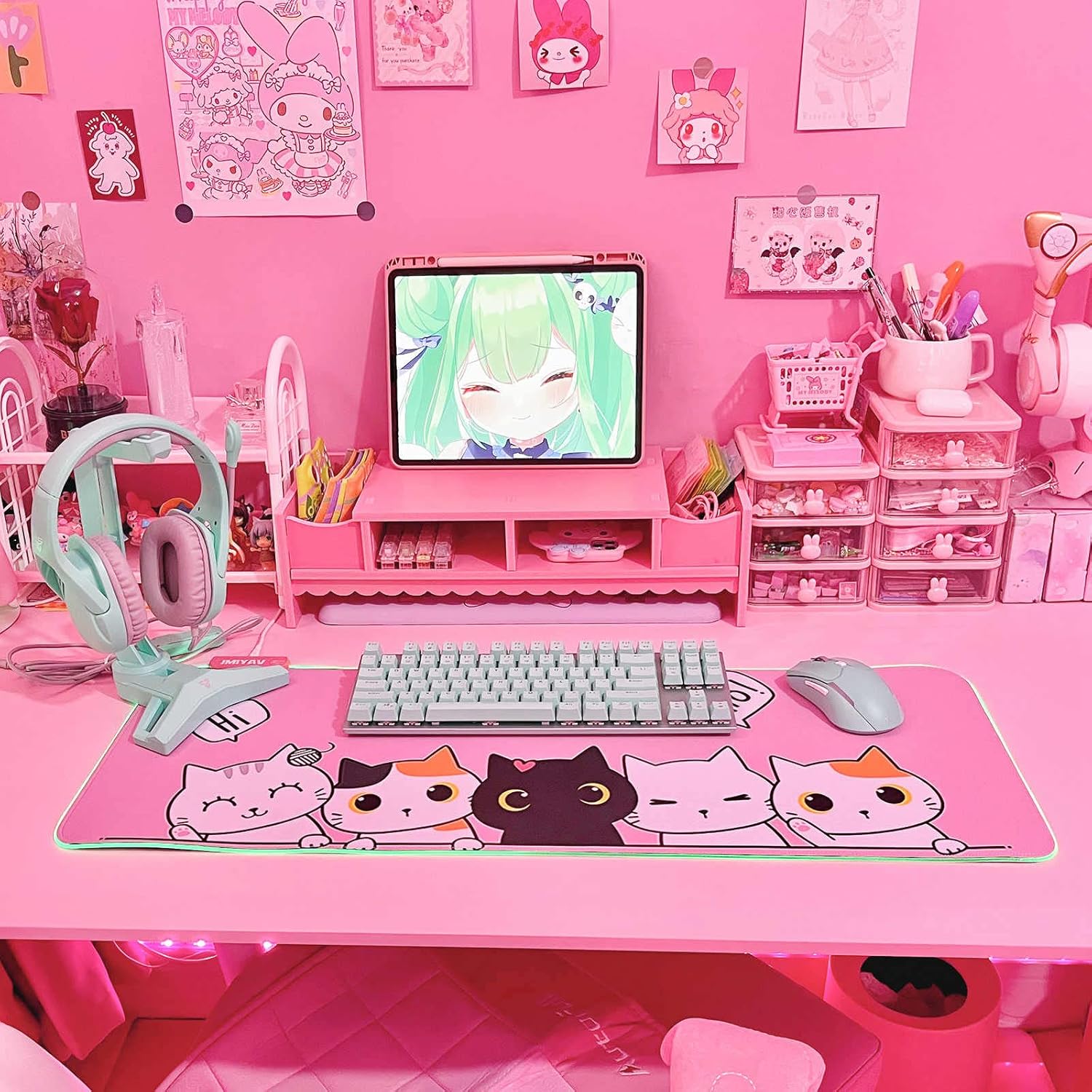 JMIYAV Kawaii Cat RGB Gaming Mouse Pad PC XL Large Extended Glowing Led Light Up Desk Pad Non-Slip Rubber Base Computer Keyboard and Mouse Pad Cool Cute Mousepad Mat 80 * 30cm - Image 6