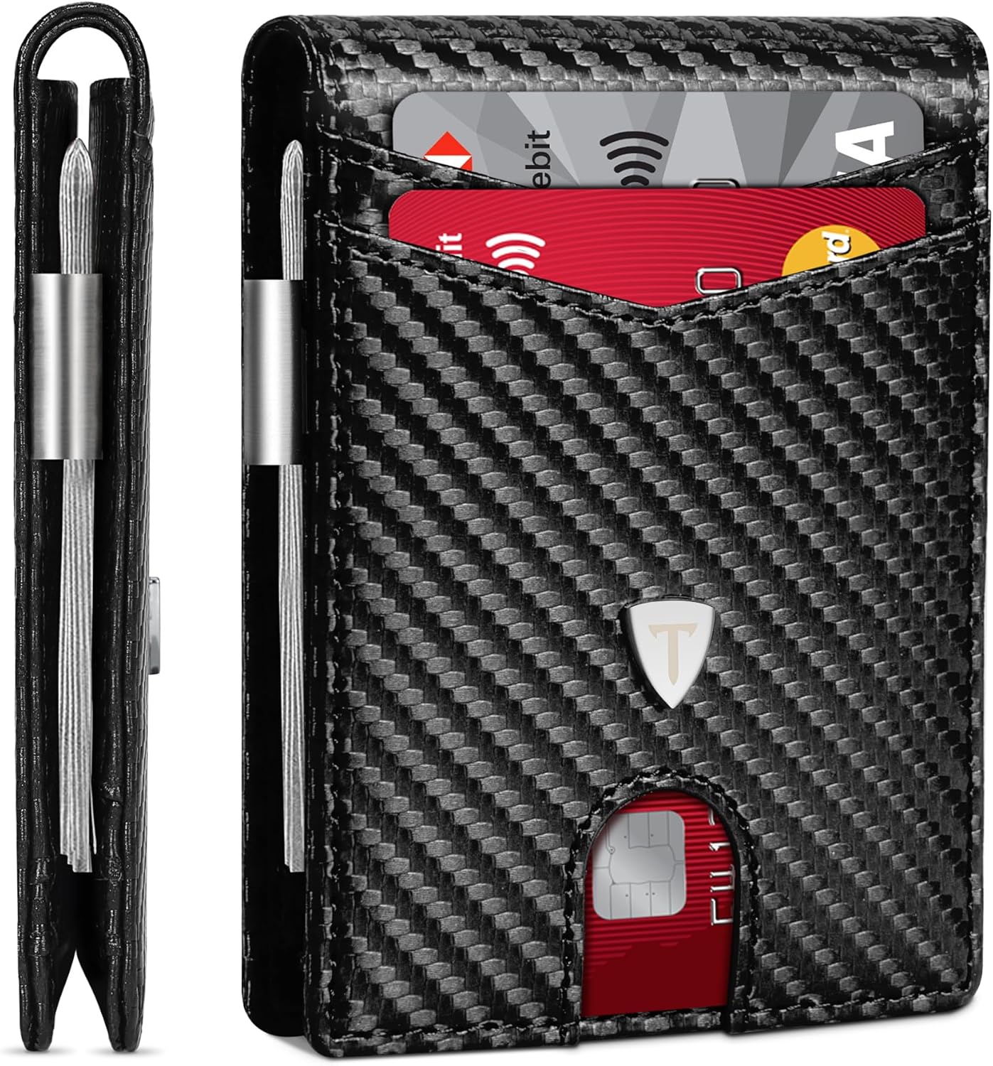 Mens Wallets Slim RFID Blocking Carbon Fiber Wallet with up to 12 Credit Card Holder, Strong Money Clip & ID Window Minimalist Bi-Fold Wallets for Men UK with Gift Box - Black