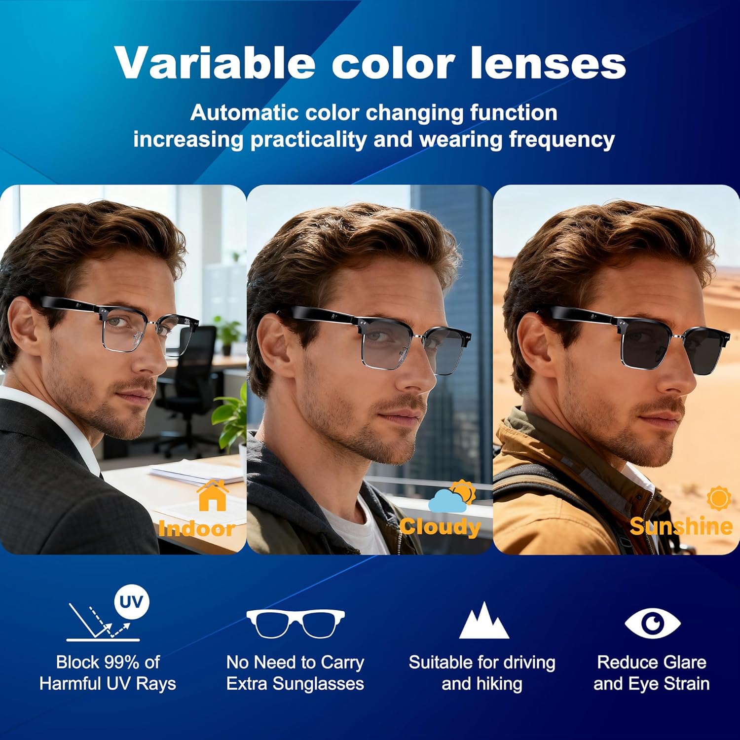 AI Smart Glasses for Men and Women with Chat GPT, Bluetooth Translation Glasses with 164 Languages and Color-Change Lens, Music Playback, Hands-Free Calls, UV & Blue Light Protection - Image 3