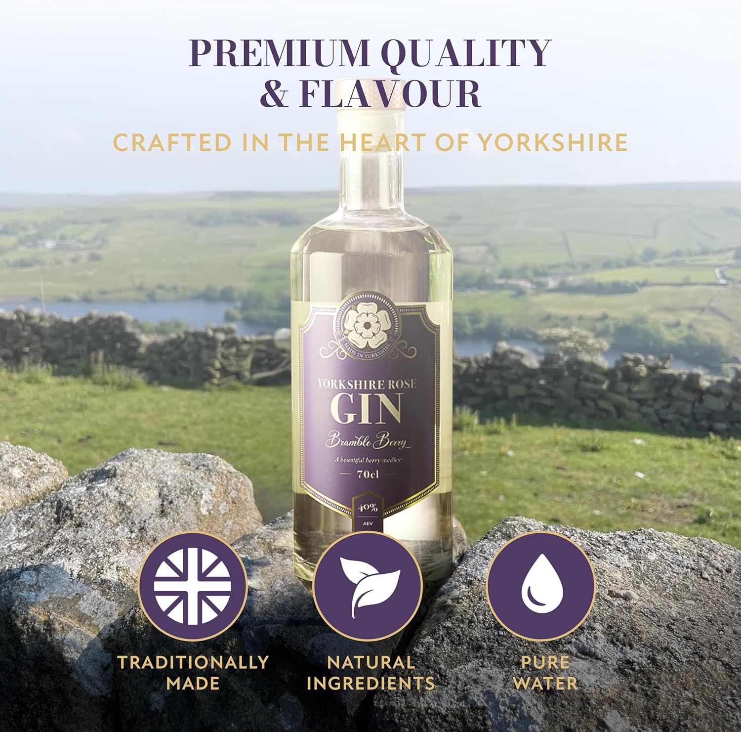 Yorkshire Rose Brambleberry Gin 70cl (40% ABV) | Flavoured Gin Bursting with Red Berries and a Hint of Citrus | Made with Natural Yorkshire Mineral Water for a Beautifully Smooth and Refreshing Finish - Image 3