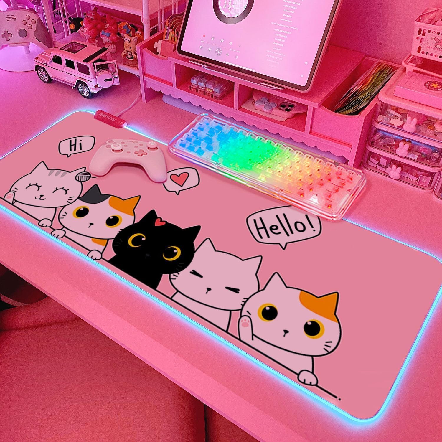 JMIYAV Kawaii Cat RGB Gaming Mouse Pad PC XL Large Extended Glowing Led Light Up Desk Pad Non-Slip Rubber Base Computer Keyboard and Mouse Pad Cool Cute Mousepad Mat 80 * 30cm