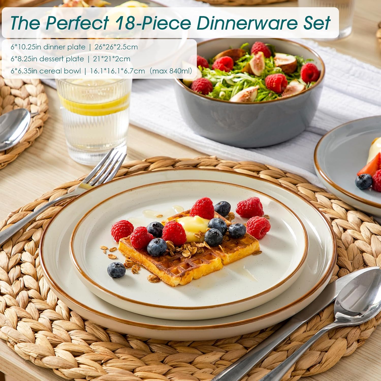 vancasso Reno Stoneware Dinner Set for 6, 18 Pieces Plates and Bowls Set with Dinner Plates, Dessert Plates & Cereal Bowls, Speckled Crockery Set in Mixed Colors, Chip & Scratch Resistant - Image 3