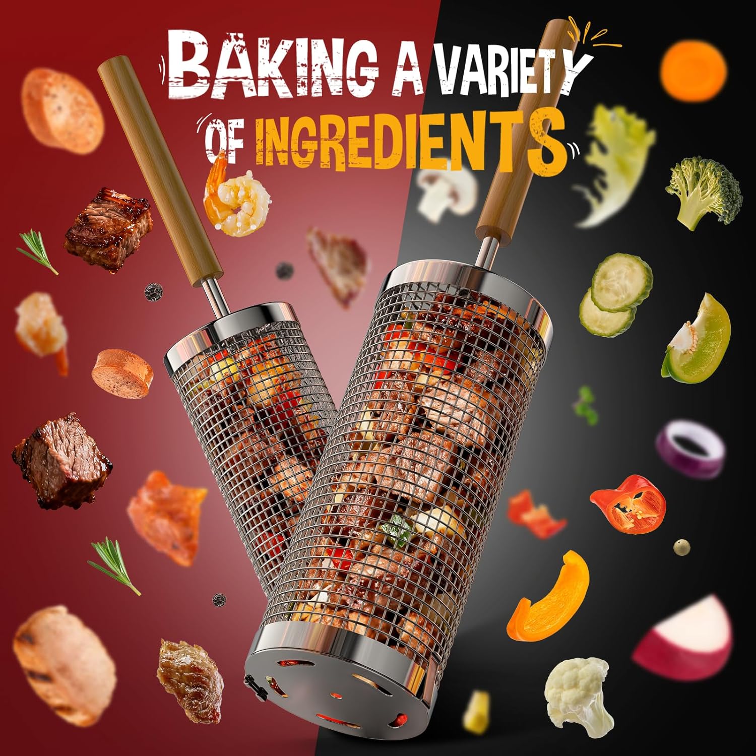 Rolling Grill Basket, 2 PCS, Upgraded 304 Stainless Steel, Nesting Grilling Net, Removable Wooden Handle, BBQ Accessories Tools for Veg, Prawns & Meat, Camping, Outdoor Cooking, Gifts for Dad or Men - Image 7