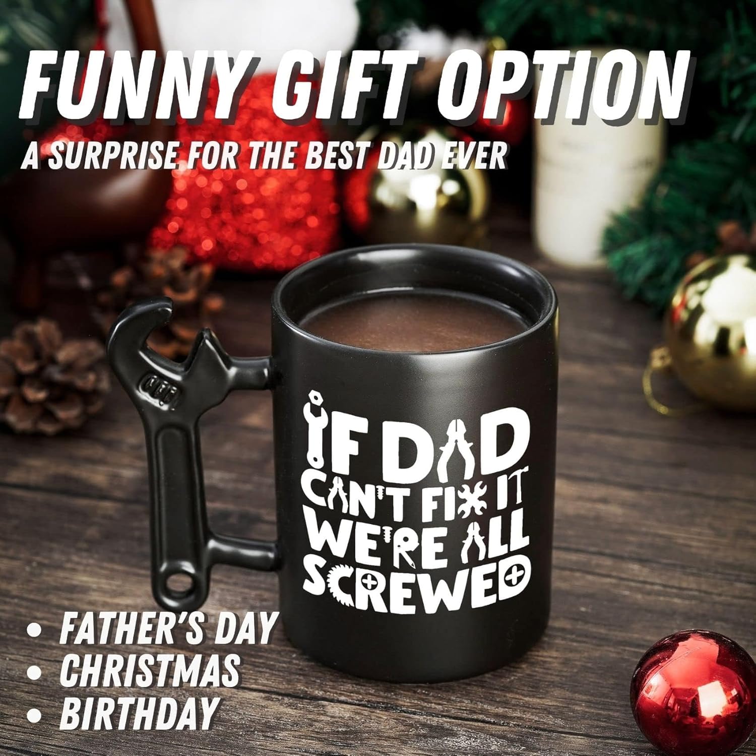 Onebttl Dad Gifts from Daughter and Son, Coffee Mug with Wrench Spanner Handle, 400ml Funny Ceramic Cup for Father on Birthday, Father's Day, Christmas - If Dad Can't Fix We are All Screwed - Image 3