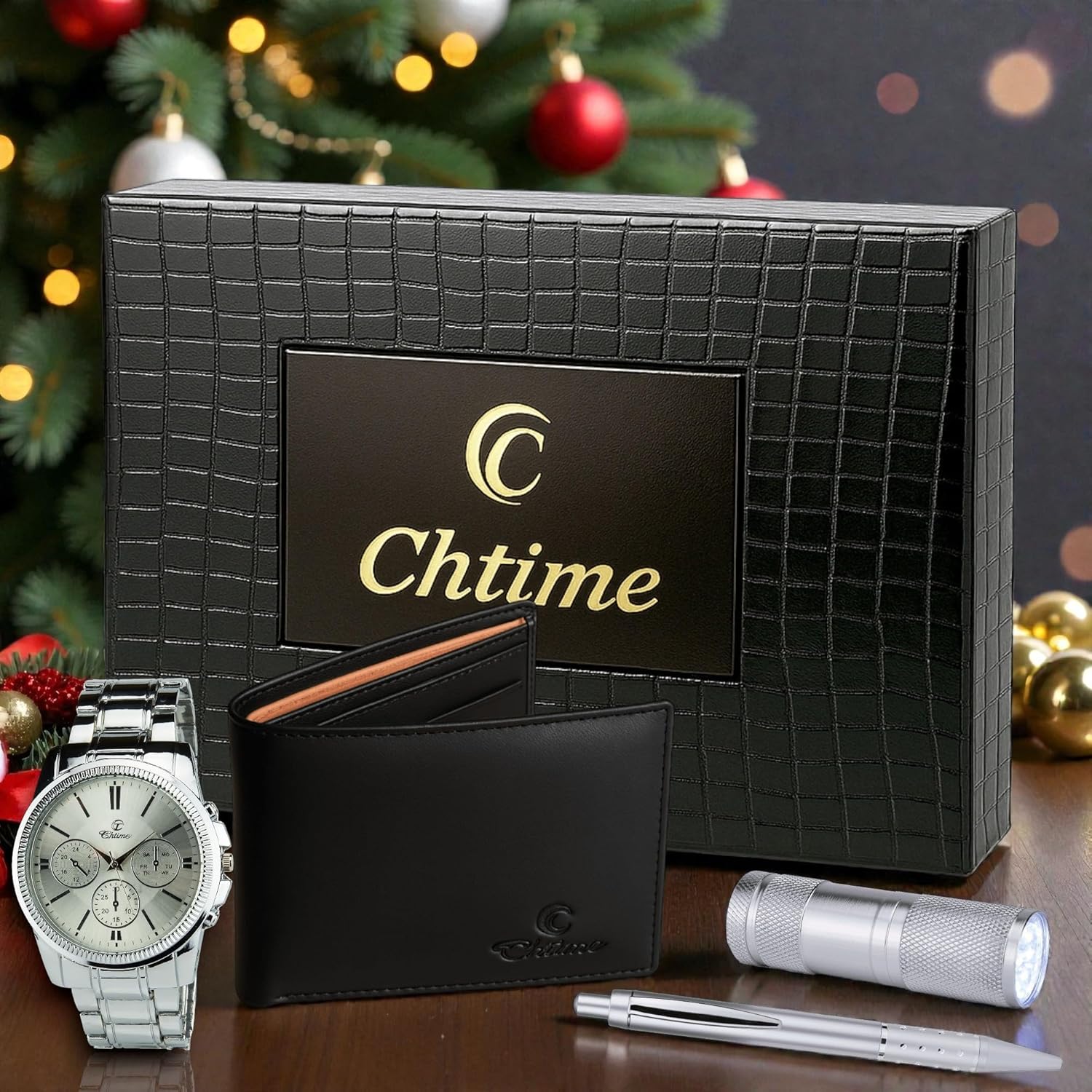 BELLOS Men's Watch Gift Box – LED Lamp – Wallet – Pen, Silver, 42, Bracelet, Silver, 42, Bracelet - Image 2