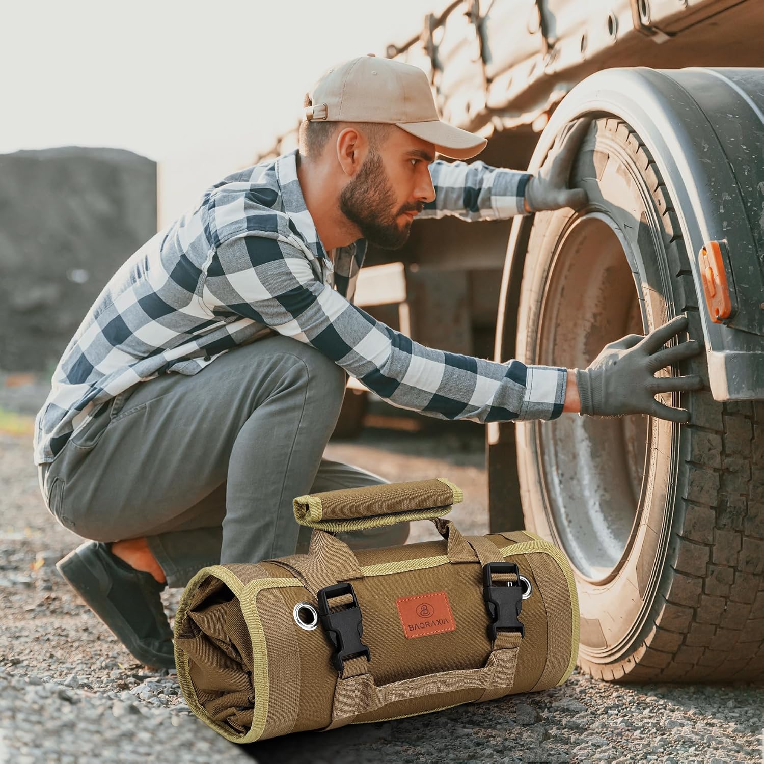 Tool Bag, Roll Up Small Tools Box Storage, Heavy Duty Tool Organizer with 2 Detachable Tool Pouch, Tool Gifts for Men Dad Husband Boyfriend Grandpa, Presents for Christmas Birthday (Khaki) - Image 2