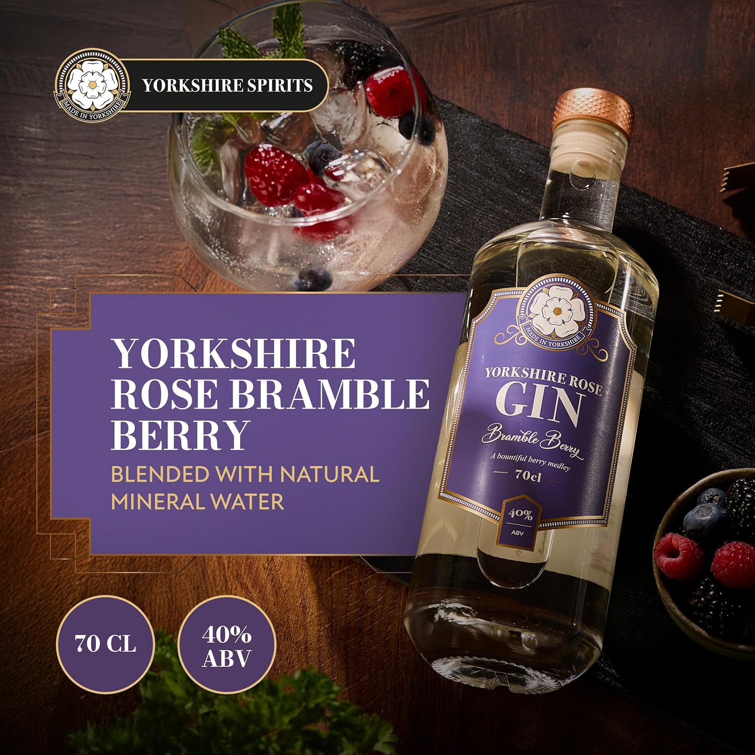 Yorkshire Rose Brambleberry Gin 70cl (40% ABV) | Flavoured Gin Bursting with Red Berries and a Hint of Citrus | Made with Natural Yorkshire Mineral Water for a Beautifully Smooth and Refreshing Finish - Image 2