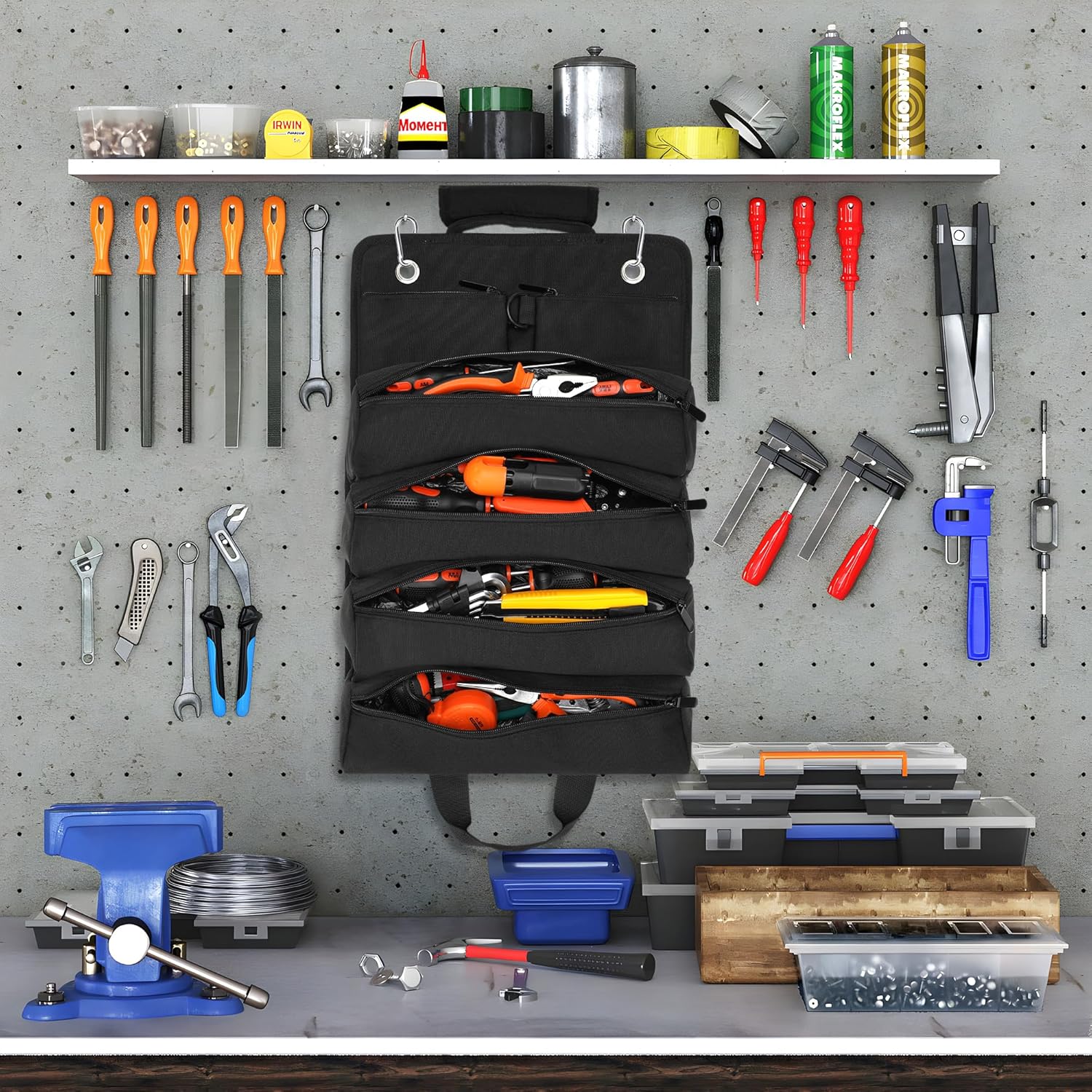 Tool Bag, Roll Up Small Tools Box Storage, Tool Gifts for Men Dad Husband Boyfriend Grandpa, Presents for Fathers Day Birthday,Heavy Duty Tool Organizer with 2 Detachable Tool Pouch - Image 7
