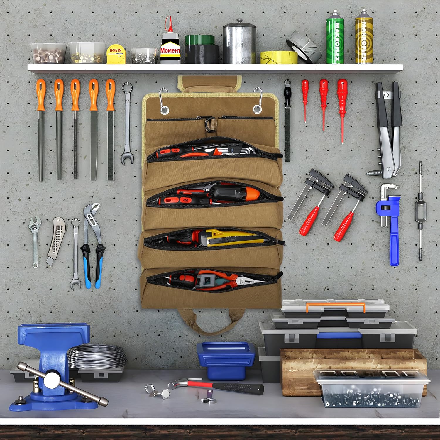 Tool Bag, Roll Up Small Tools Box Storage, Heavy Duty Tool Organizer with 2 Detachable Tool Pouch, Tool Gifts for Men Dad Husband Boyfriend Grandpa, Presents for Christmas Birthday (Khaki) - Image 7